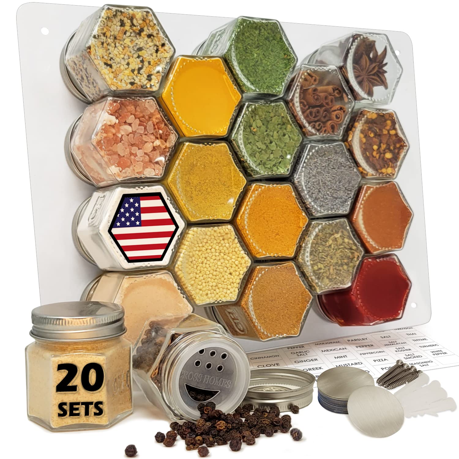 Magnetic Hexagon Glass Spice Jars 20-Piece Set with Lids, Shaker & Labels - DIY Refrigerator, Cabinet & Wall Mount Spice Organizer for Kitchen, Pantry & Home Organization