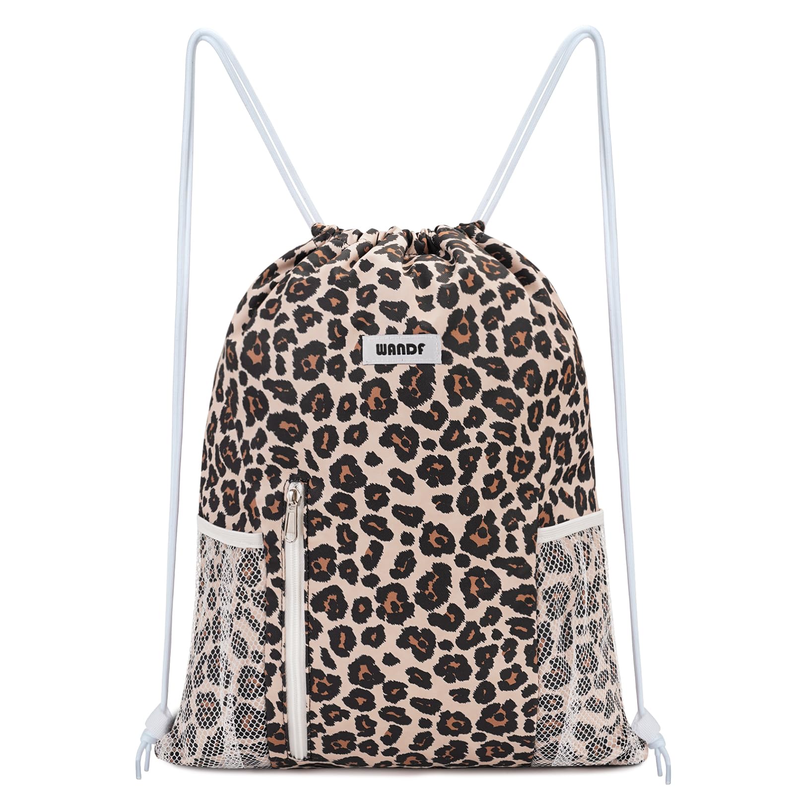 Water Resistant Drawstring Backpack with Mesh Pockets - Lightweight Gym Sackpack for Men & Women - Pink Leopard Print Sports Bag for Running, Travel & School Activities
