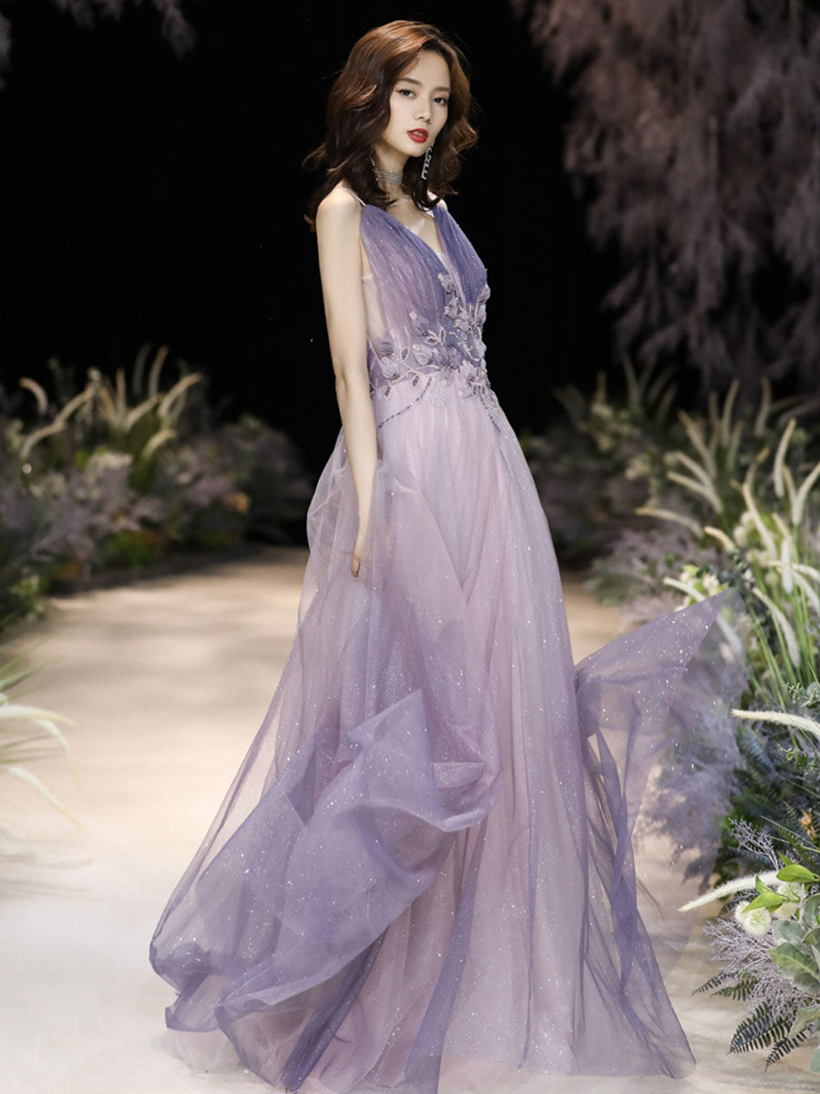 Elegant Purple V-Neck Tulle Long Prom Dress for Women - Formal Evening Gown for Homecoming, Ball, and Special Occasions