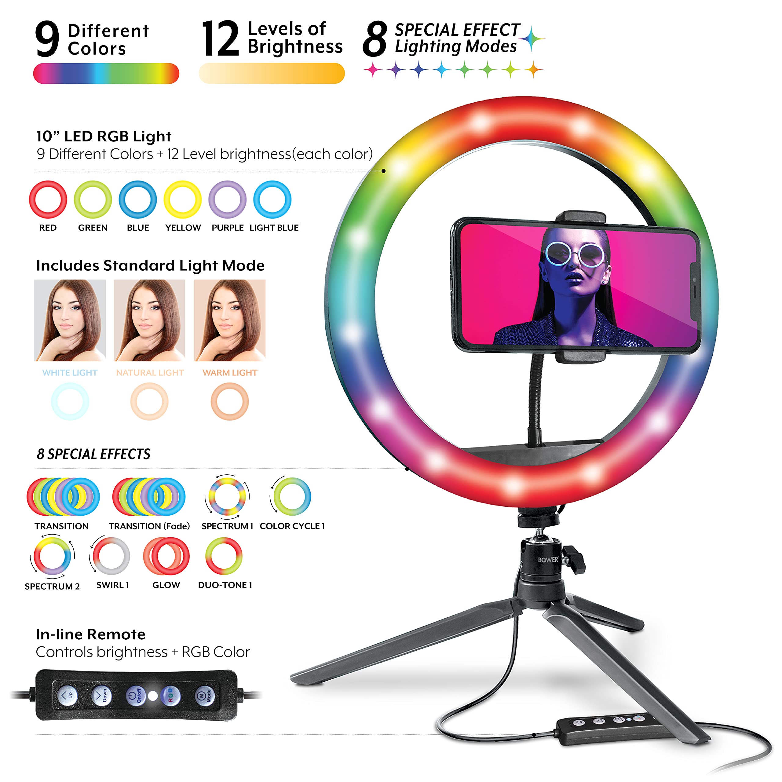 Bower 10 Inch RGB Selfie Ring Light with Stand - 9 Colors, 12 Brightness Levels, Special Effects, Tripod & Phone Holder for Photography, YouTube Videos, Live Streaming & Makeup Studio Lighting