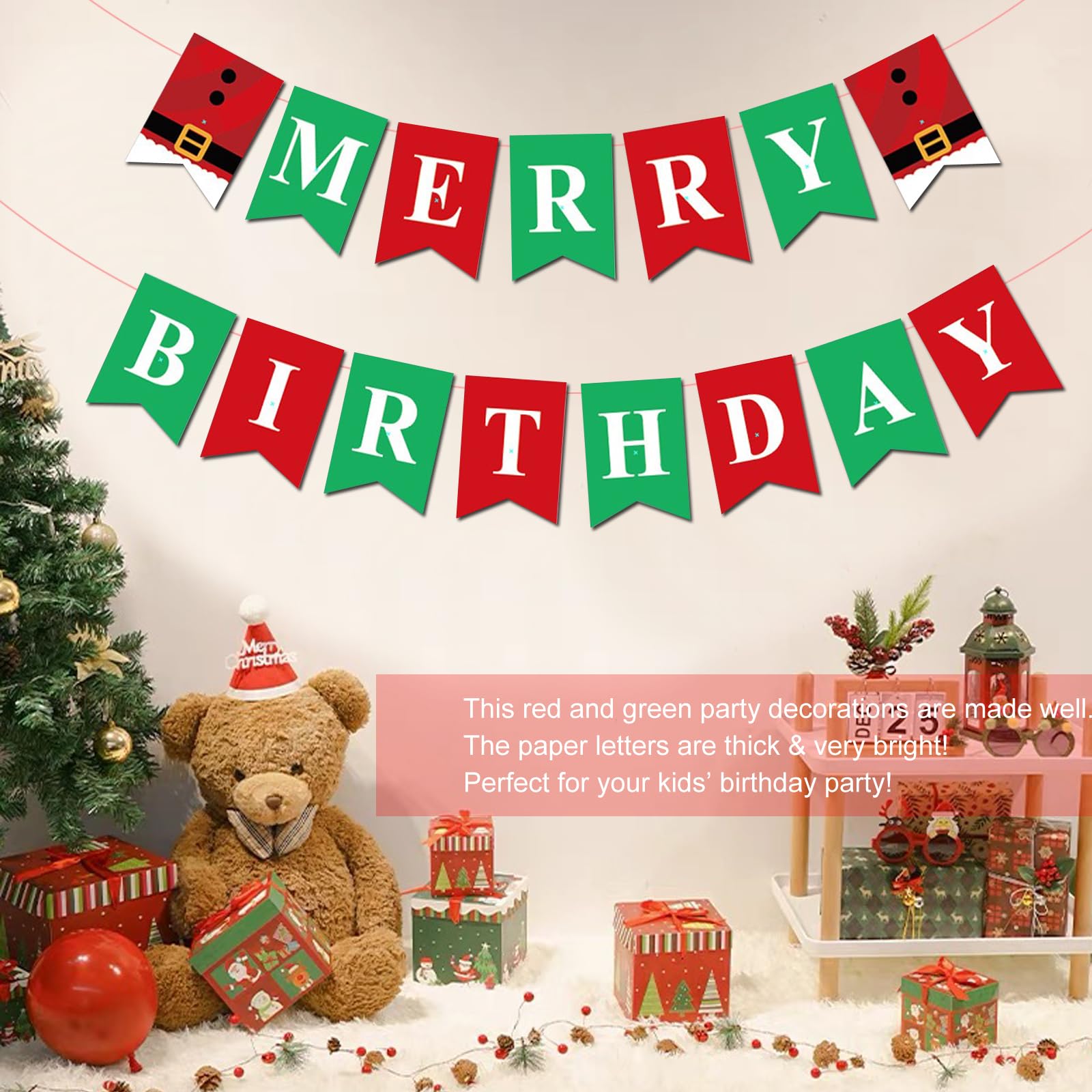 Merry Christmas Themed Birthday Party Decorations - Red & Green Glitter Happy Birthday Banner for December Xmas Parties - Perfect for Holiday Celebrations, Family Gatherings & Festive Home Decor