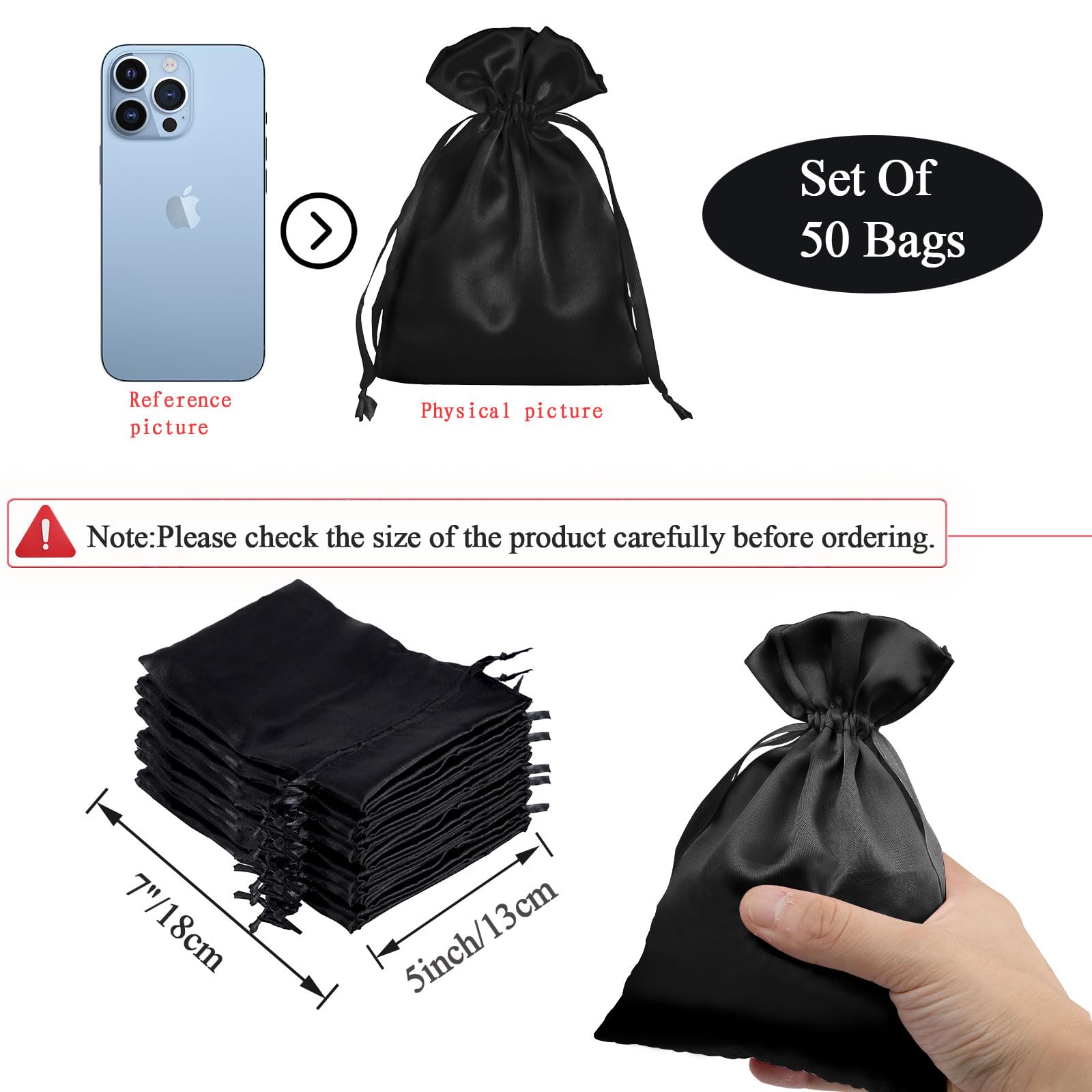 50 Pack 5X7 Black Satin Drawstring Gift Bags - Small Jewelry Pouch, Wedding Favors, Baby Shower & Party Favor Bags - Perfect for Jewelry, Candies, Wedding Souvenirs and Party Gifts