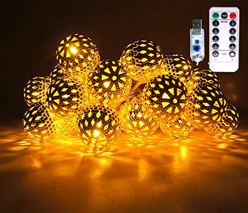 YUJINQ 50 LED Fairy String Lights with Remote & Timer - USB Powered Moroccan Orb Silver Metal Ball Lights for Christmas, Holiday, Party, Home, Garden - Indoor & Outdoor Decoration (Warm White) | Perfect for Bedroom, Wedding, Patio & Backyard Lighting
