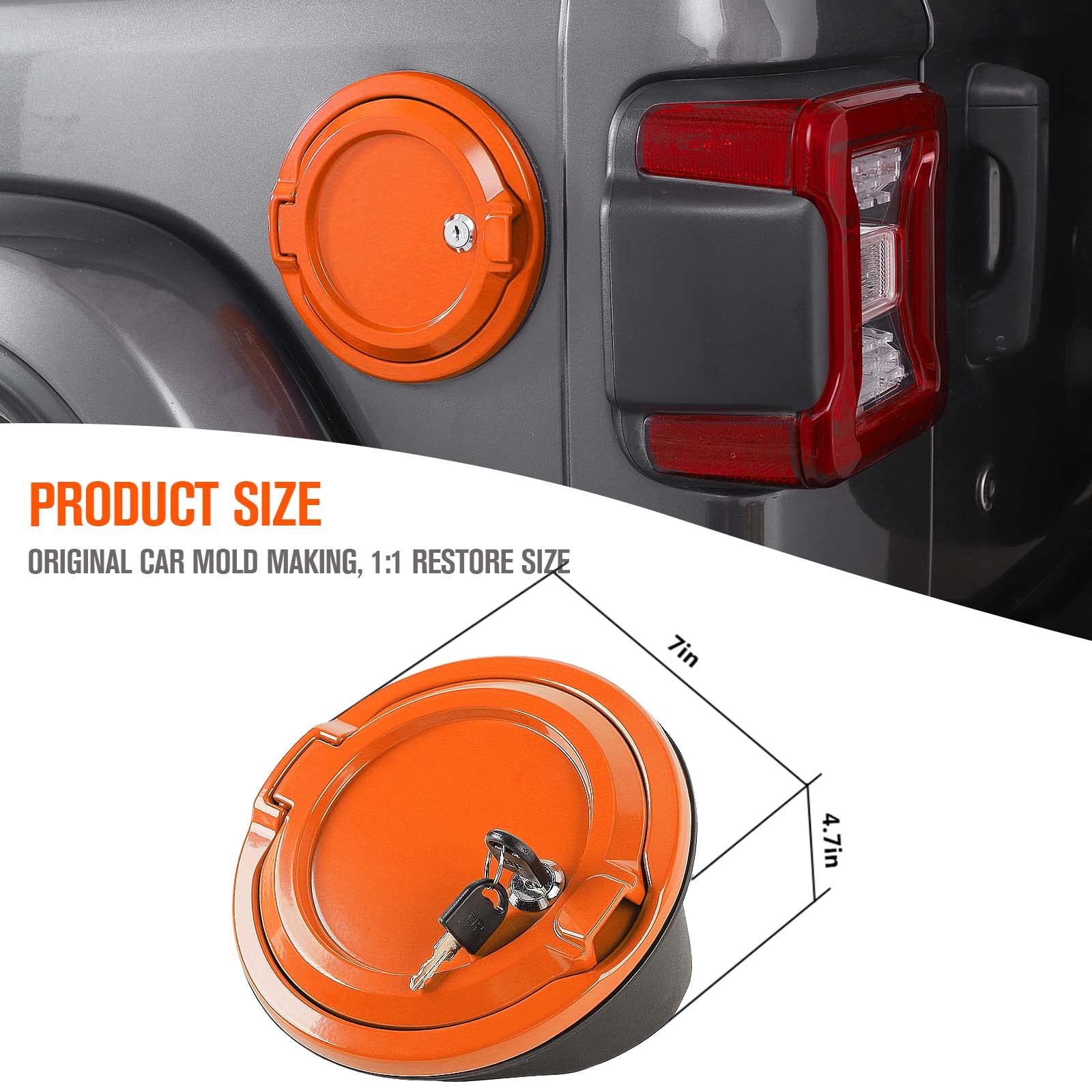 JeCar Locking Fuel Filler Cover - Aluminum Alloy Gas Tank Door for Jeep Wrangler JL & Unlimited (2018-2023) - Anti-Theft Exterior Accessory in Orange - Perfect for Off-Roading & Vehicle Security Protection