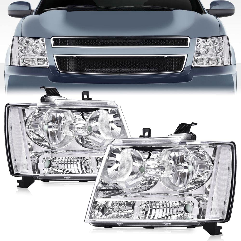 G-PLUS Headlight Assembly Replacement for 2007-2014 Chevy Suburban / 2007-2013 Tahoe Avalanche - Clear Lens Chrome Housing Headlamp with Clear Reflector - Perfect for Night Driving & Off-Road Adventures