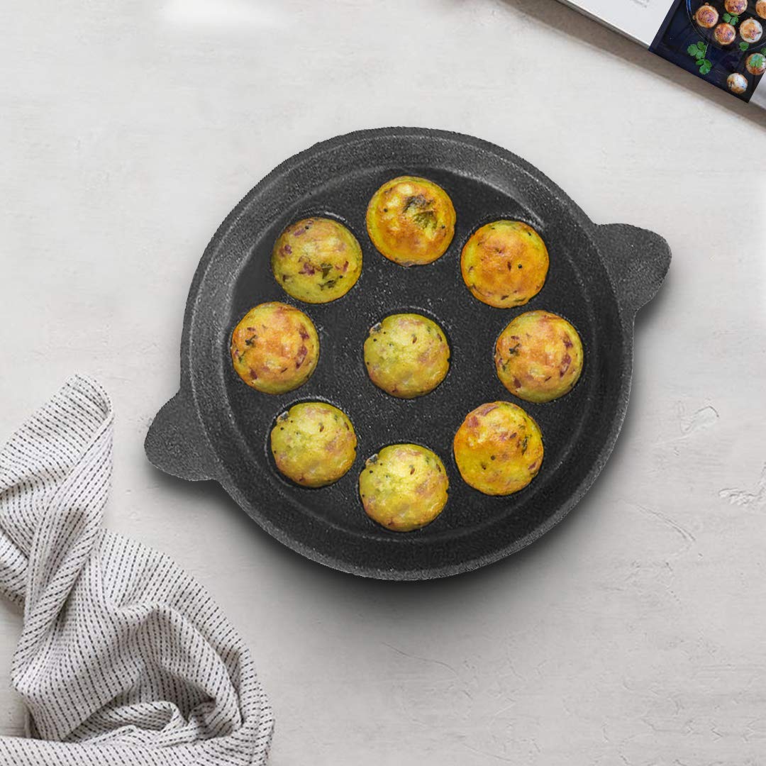 Pre-Seasoned Cast Iron Breakfast Cookware Set - 9-Hole Paniyaram Pan & 23cm Appam Pan for Perfect South Indian Dishes | Ideal for Making Paniyaram, Paddu, Appam at Home | Durable & Non-Stick Black Cast Iron