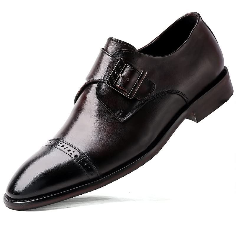 HOOENG Men's Leather Dress Oxford Shoes - Slip On Monk Strap Formal Shoes with Burnished Toe & Anti-Slip Block Heel | Perfect for Business, Office, Wedding & Special Occasions