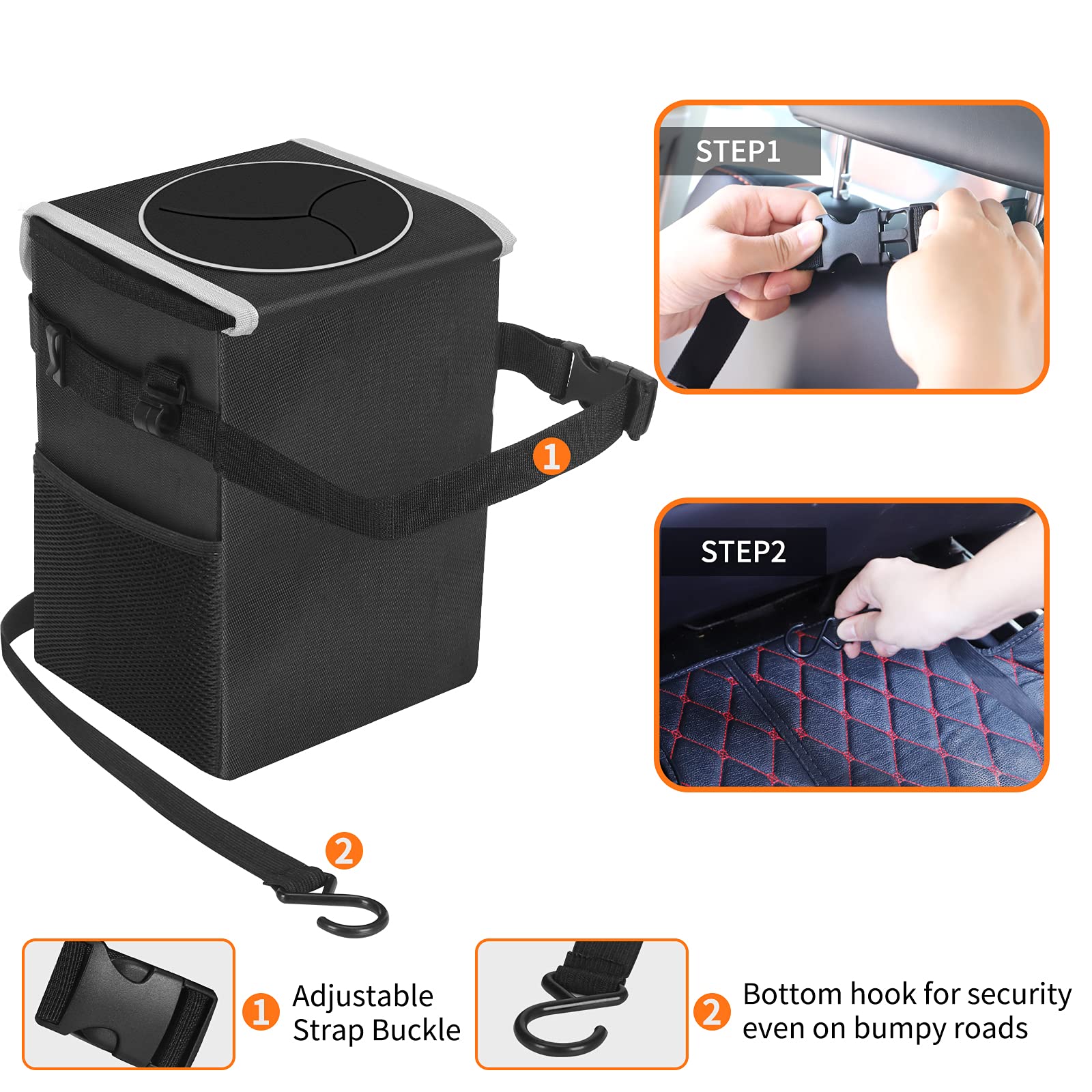 NIUTA Waterproof Foldable Car Trash Can with Lid & Side Net Pocket - Portable Garbage Bin for Car, SUV, Truck, Minivan, Auto - Ideal for Road Trips, Commuting, and Outdoor Adventures