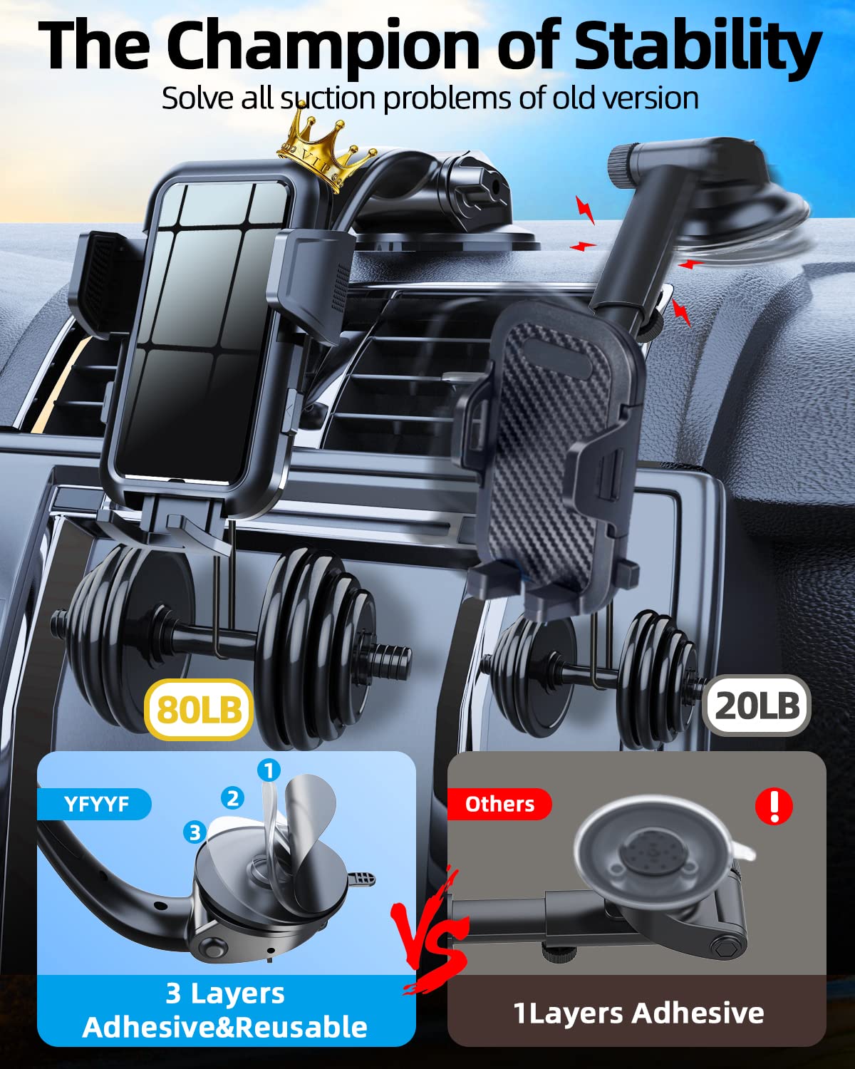 Military Grade Car Phone Mount - Dashboard, Windshield & Vent Phone Holder with Strong Suction & Metal Hook - Hands-Free Stand for iPhone & Smartphones - Perfect for GPS Navigation, Driving & Commuting