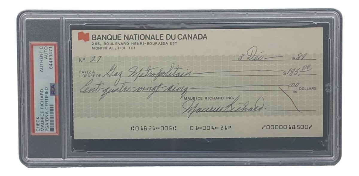 Authentic Maurice Richard Signed Montreal Canadiens Bank Check #27 PSA/DNA Certified - Rare Hockey Memorabilia for Collectors & Sports Fans - Perfect for Display in Man Cave, Sports Bar or Hockey Fan's Collection