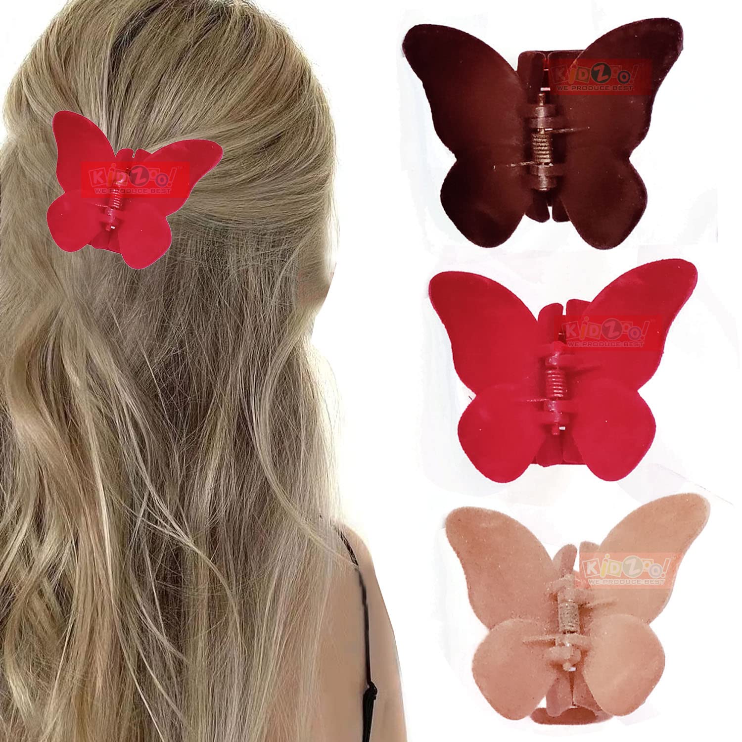 Kidzoo Large Lightweight No-Slip Hair Claw Clips for Women & Girls - Strong Quality Butterfly Clamps for Thin, Fine or Thick Hair (3-Piece Velvet Set) - Perfect for School, Work, Gym & Everyday Styling