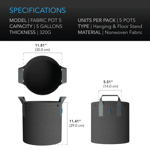 AC Infinity 5 Gallon Fabric Pots with Base - Breathable Aeration Grow Bags for Indoor/Outdoor Plants, Vegetables & Herbs - Perfect for Hydroponics, Container Gardening & Urban Farming