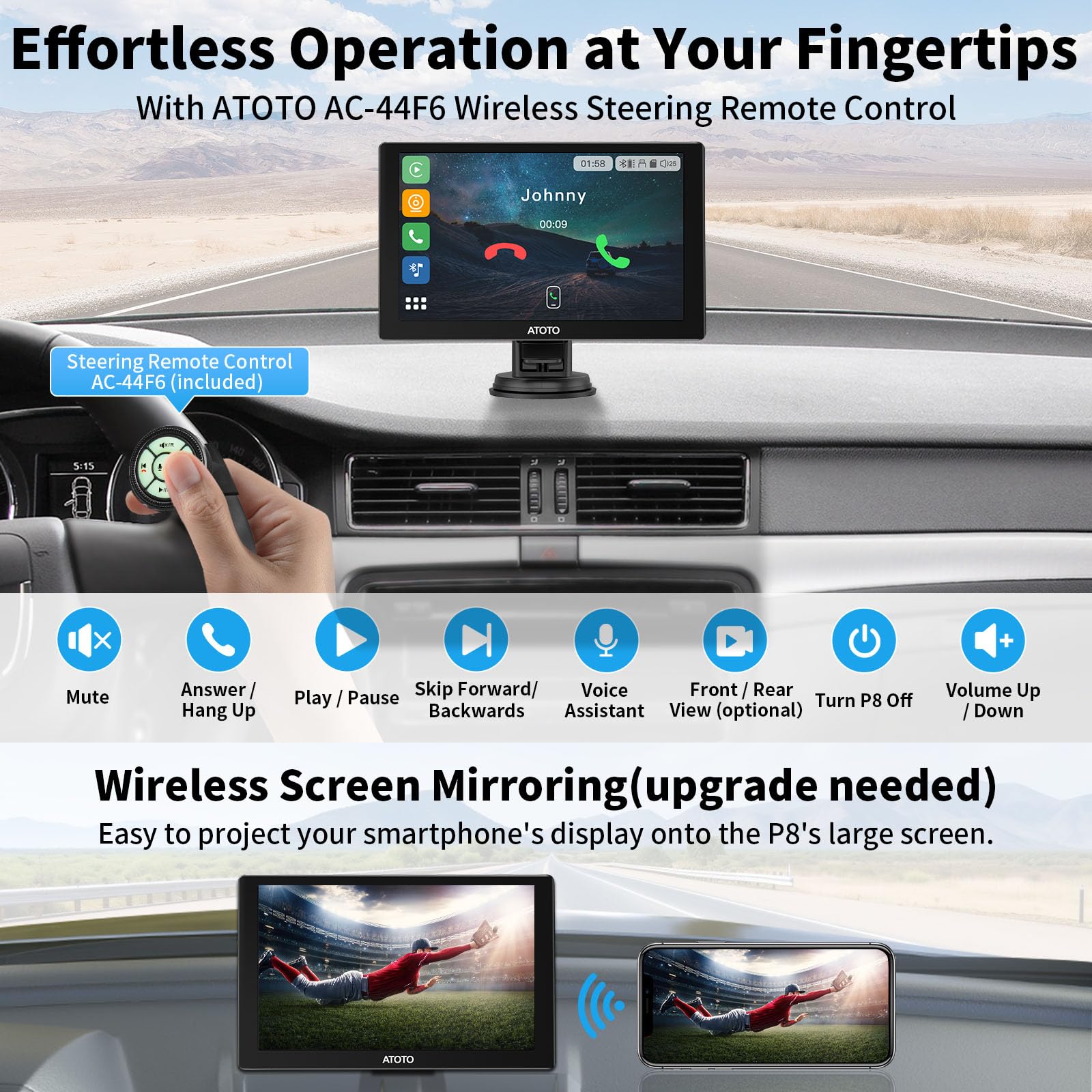 ATOTO P8 7-Inch Wireless CarPlay & Android Auto Car Stereo with QLED Touchscreen, HD 1080P Front/Rear Camera Input, WDR, Auto Dimmer, Bluetooth - Perfect for Road Trips & Daily Commuting