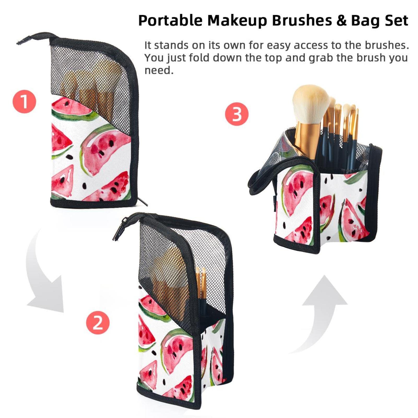 Watercolor Watermelon Makeup Brush Organizer Bag with 12 Brushes - Portable Cosmetic Brush Holder Case for Travel, Home & Professional Makeup Artist Kit