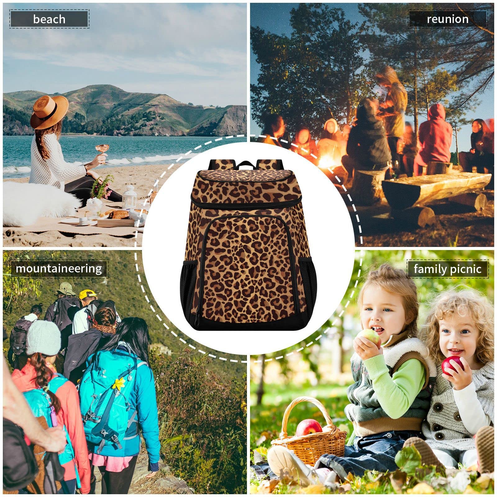 Leopard Print Insulated Cooler Backpack for Women & Men - Leakproof Picnic Lunch Bag for Work, Fishing, Hiking, Camping, Beach & Outdoor Activities | Perfect for Office Lunches, Weekend Adventures & Family Outings