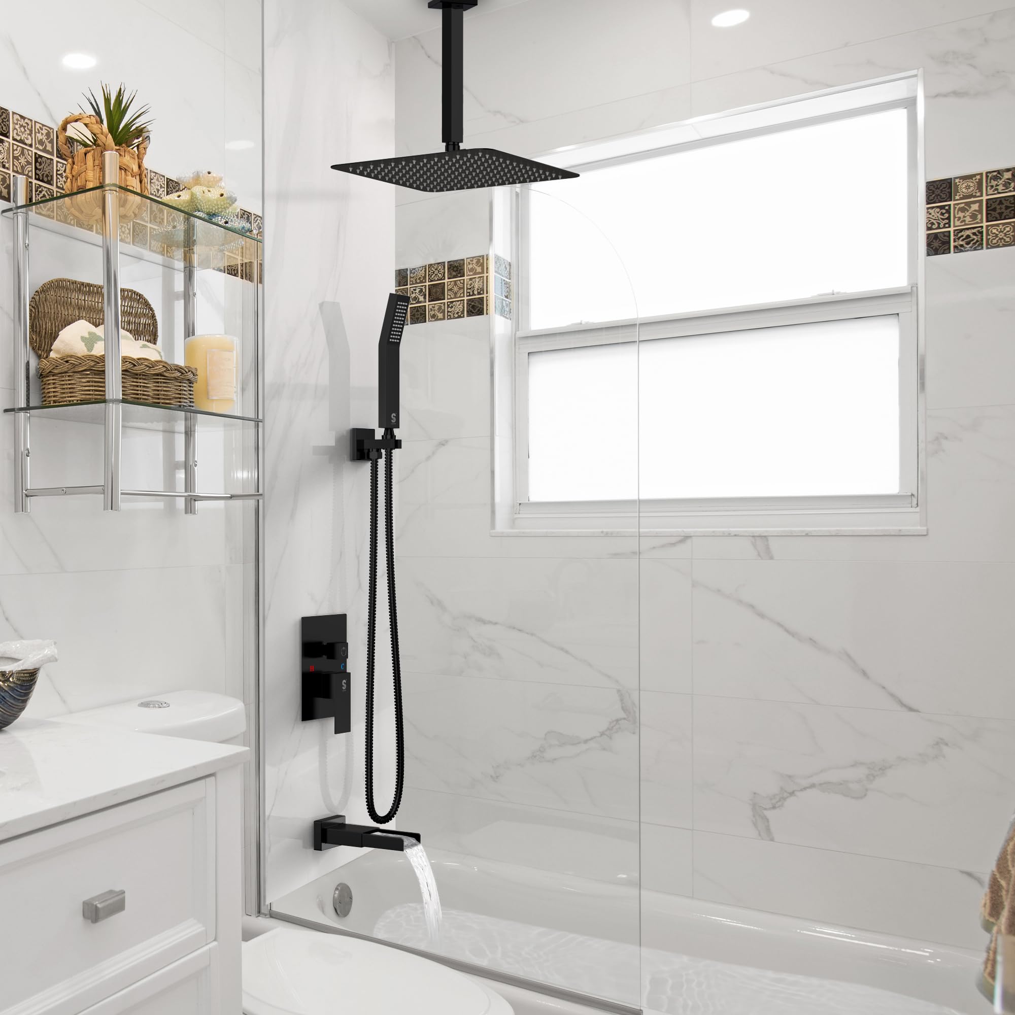 SR SUN RISE 12 Inch Modern Shower System with Tub Spout - All Metal Square Rainfall Shower Head & Handheld Shower Combo, 1.8GPM Flow Rate, Matte Black Finish - Includes Valve & Trim Kit for Bathroom Renovation & Luxury Spa Experience