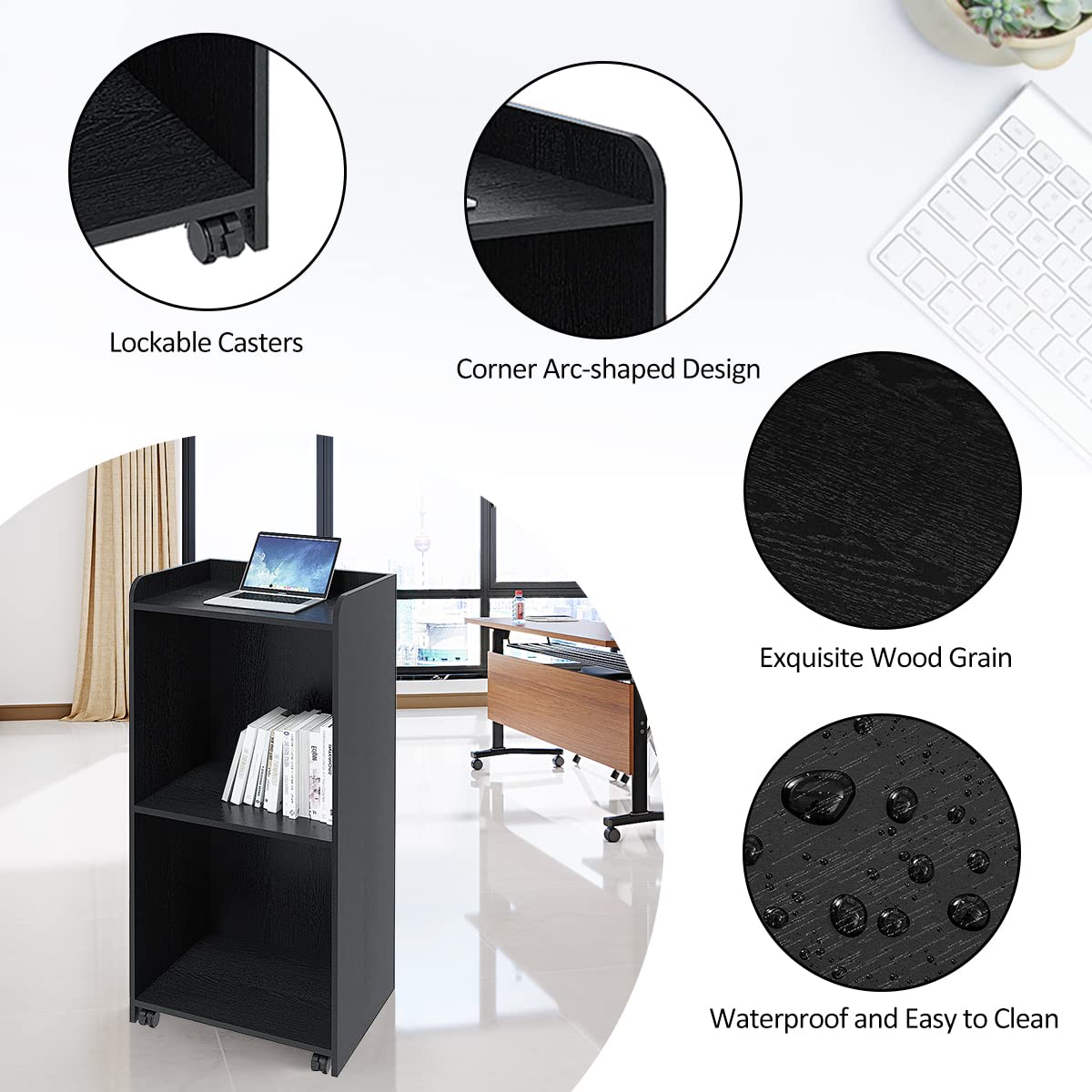 Portable Adjustable Podium Stand with Wheels - Mobile Lectern for Church, Conference, Auditorium & Classroom - Black Hostess Stand for Events & Presentations