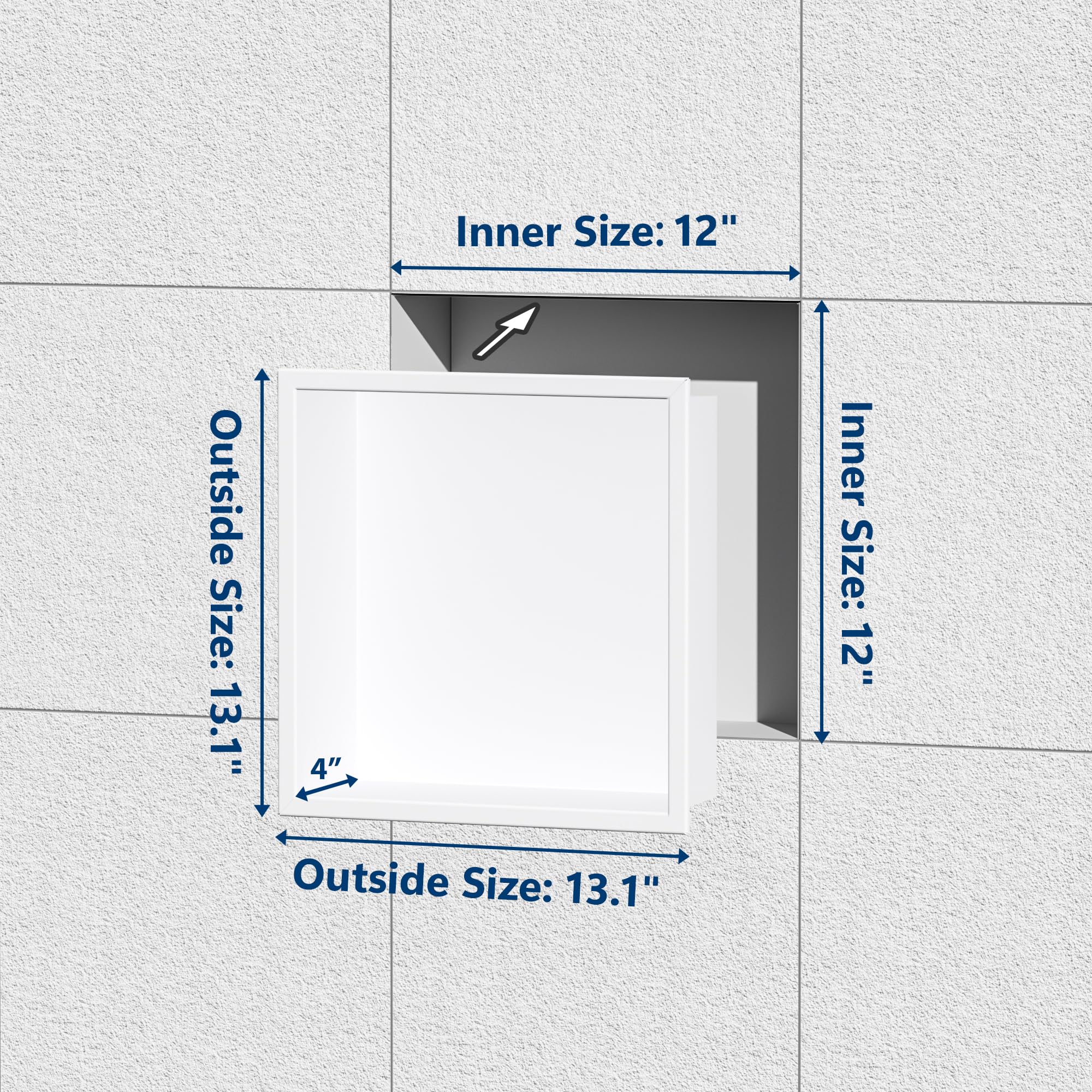12x12 Inch Stainless Steel Bathroom Shower Wall Niche - Recessed No-Tile Installation Matte White Finish for Modern Bathroom & Spa Decor