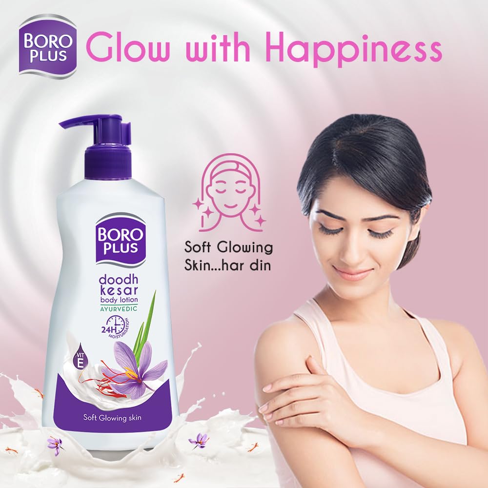 Boroplus Ayurvedic Body Lotion for Dry & Normal Skin - 24Hrs Moisturization with Vitamin E, Dhoodh, Badam & Kesar - 400ml | Perfect for Daily Hydration & Skin Nourishment