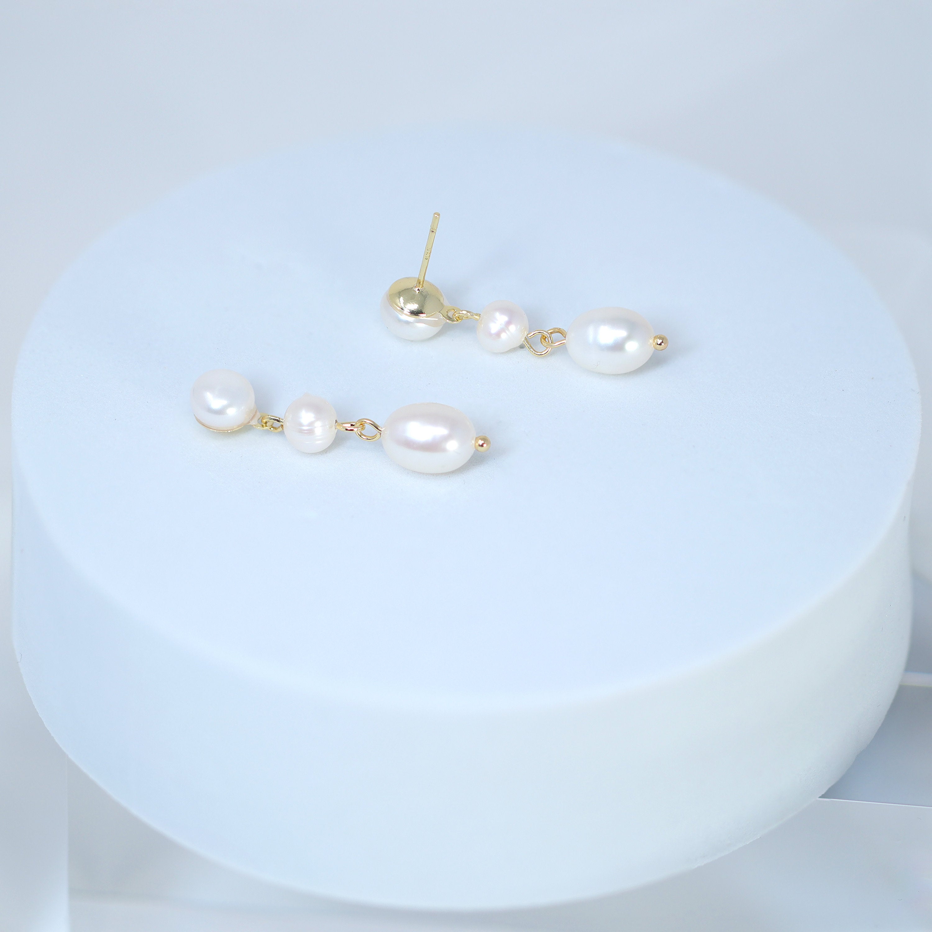 Sterling Silver 3 Freshwater Cultured Pearl Bezel Earrings - Elegant Bridal Jewelry for Weddings, Parties & Special Occasions | Dainty Statement Earrings for Women