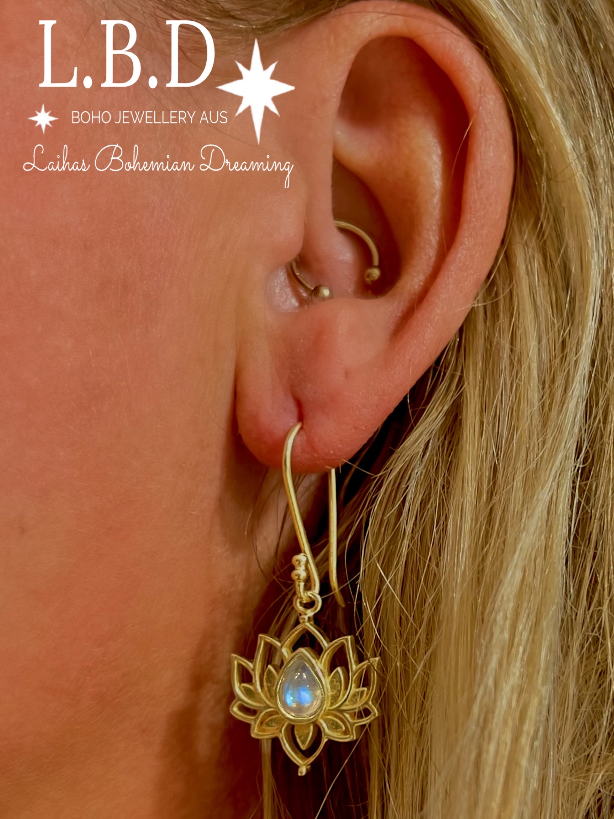 Laihas Opulent Lotus Flower Gold Moonstone Earrings for Women – Elegant Boho Jewelry for Weddings, Parties & Special Occasions