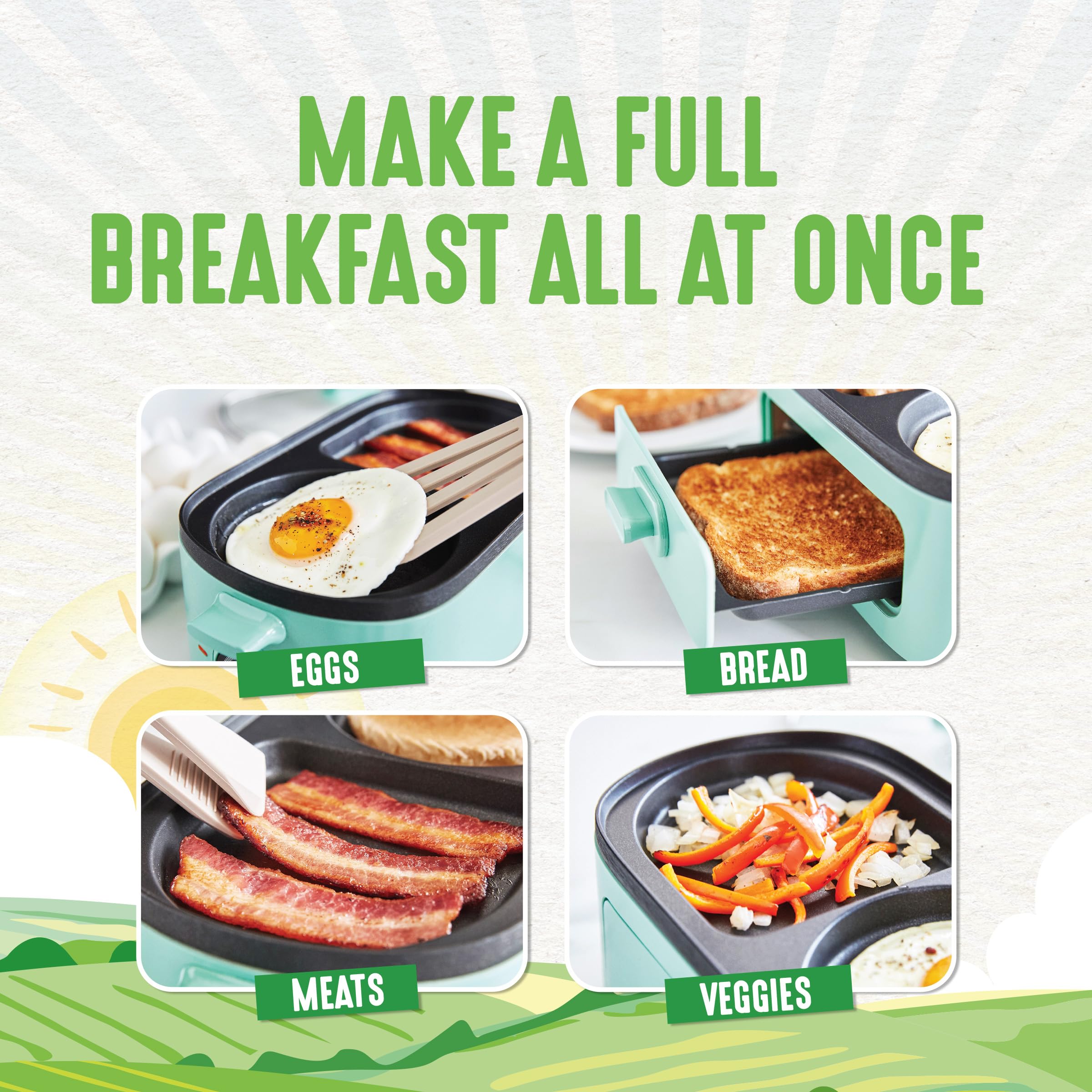 GreenLife 3-in-1 Breakfast Maker Station - Healthy Ceramic Nonstick Dual Griddles for Eggs, Meat, Sausage, Bacon, Pancakes & Breakfast Sandwiches with 2-Slice Toast Drawer & Easy Timer - Perfect for Quick Breakfasts, Family Meals & Small Kitchens (Turquoise)