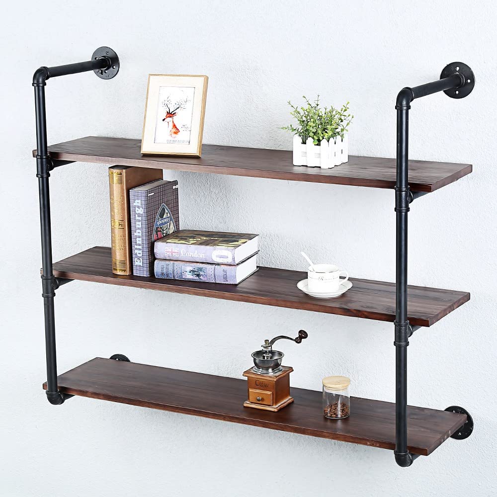 42in Rustic Industrial Pipe Shelving - Wall Mounted Metal Floating Shelves with Real Wood, Steampunk Style Bookshelf for Farmhouse Kitchen & Bar (4 Tier) - Perfect for Home Decor, Book Storage & Display Shelves