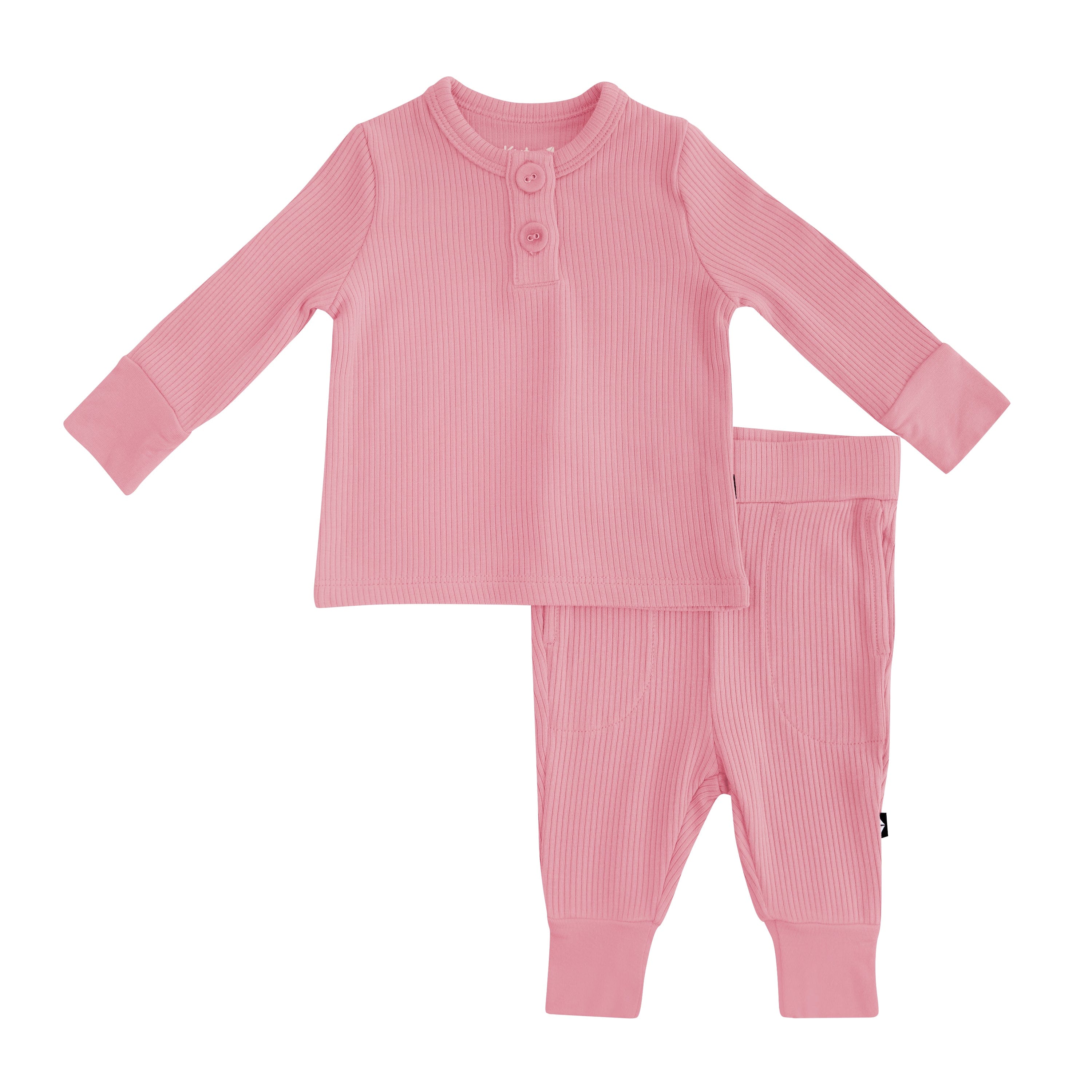Soft Ribbed Baby Henley Outfit in Apple Blossom Pink - Cozy Newborn Layette for Photoshoots & Everyday Wear