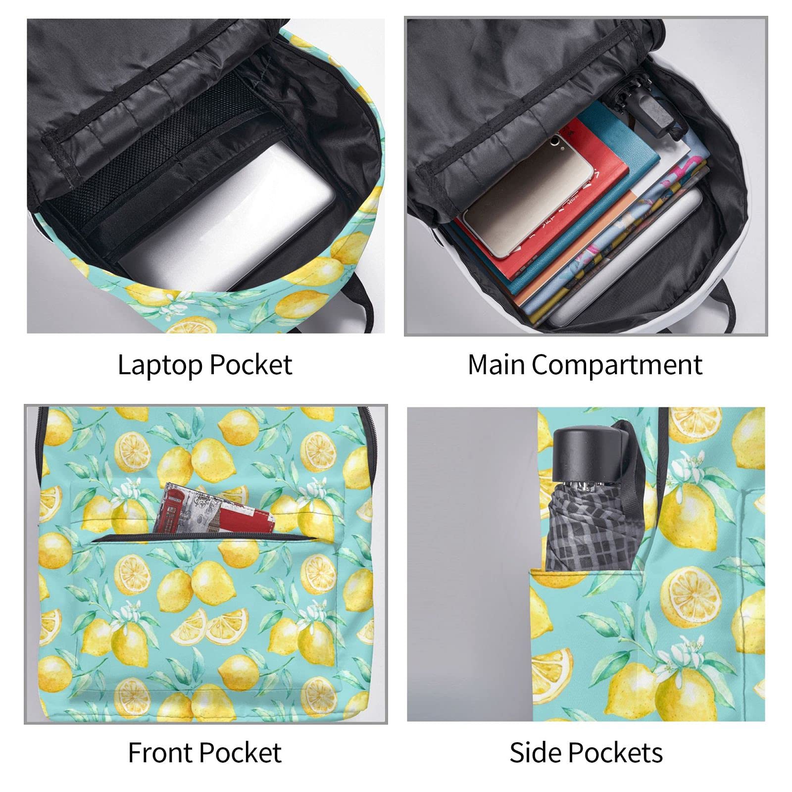 16 Inch Yellow Lemon Print Laptop Backpack - Waterproof School Bookbag, Travel Daypack & Shoulder Bag for Women & Men - Perfect for College, Work, Hiking & Daily Commute