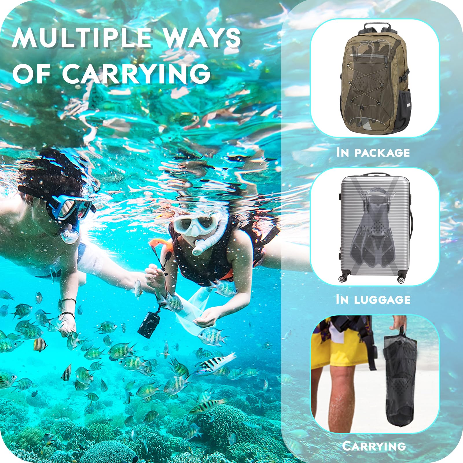 **Best Swim Fins for Snorkeling & Diving - Adjustable Travel Size Short Flippers with Open Heel - Perfect for Men, Women & Kids - Ideal for Pool, Beach & Ocean Adventures**