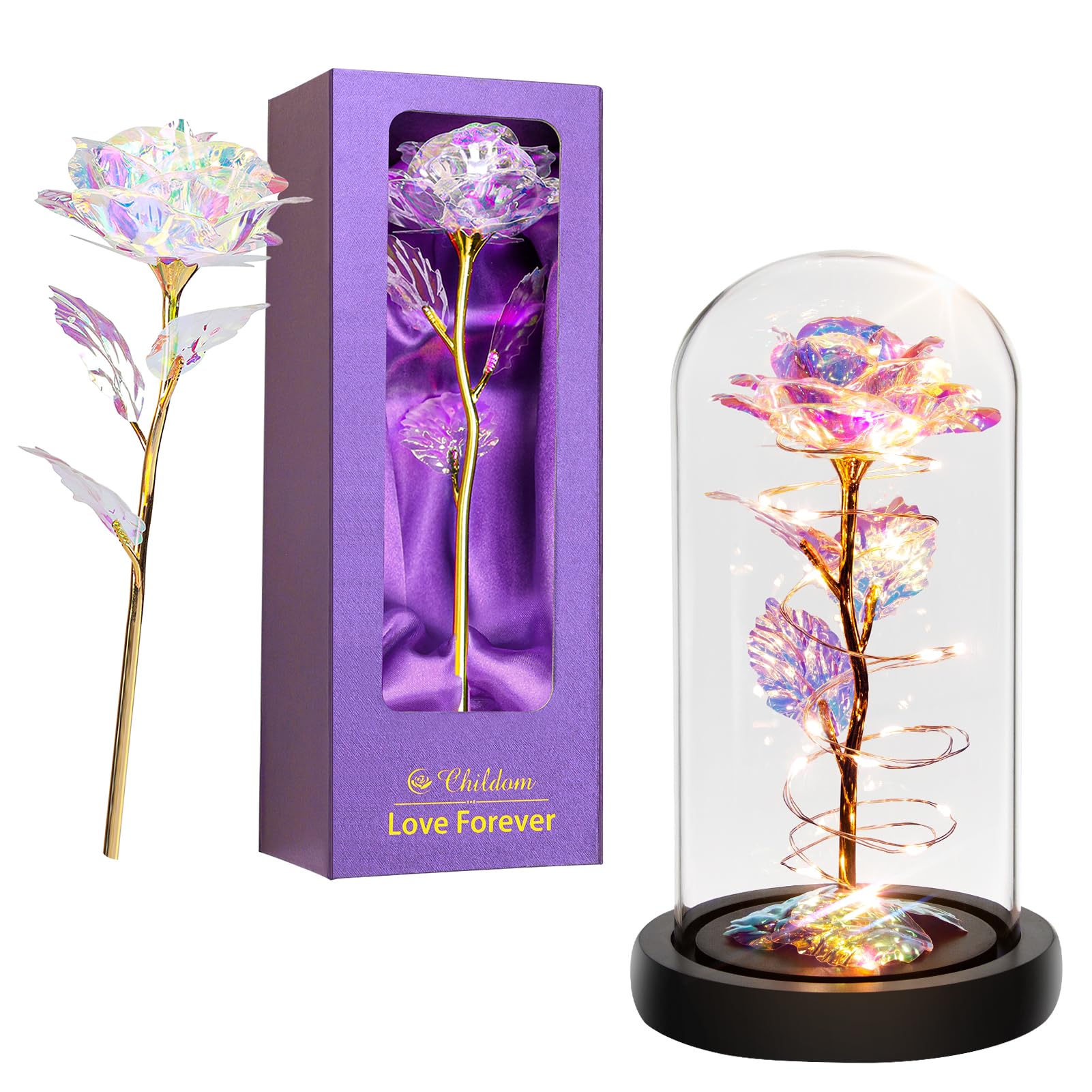 Childom Rainbow Rose Flower Gift for Women - Elegant Preserved Plastic Rose for Mom's Birthday, Anniversary, Valentine's Day - 1 Count Indoor Decoration - Perfect for Home Decor, Office Desk, Wedding Centerpiece