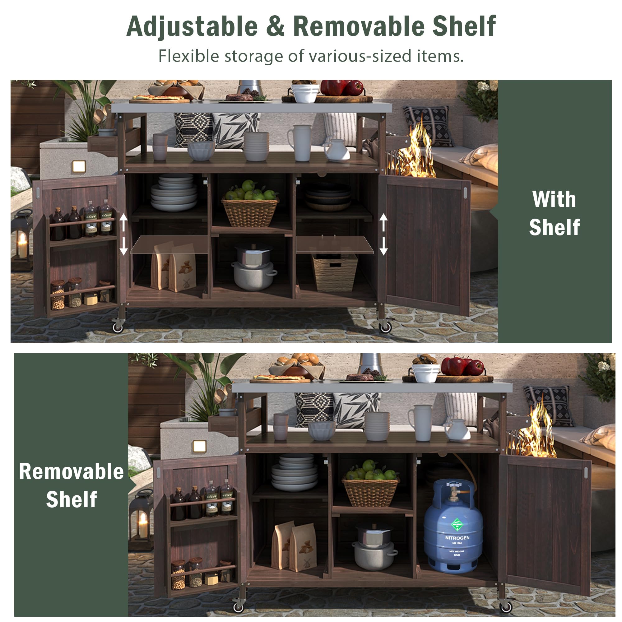 LZ LEISURE ZONE Large Outdoor Grill Table - Farmhouse Solid Wood Kitchen Island with Stainless Steel Top, Rolling Bar Cart with Storage Cabinet for Patio, Backyard & BBQ - Perfect for Outdoor Cooking, Entertaining & Dining (Dark Brown)