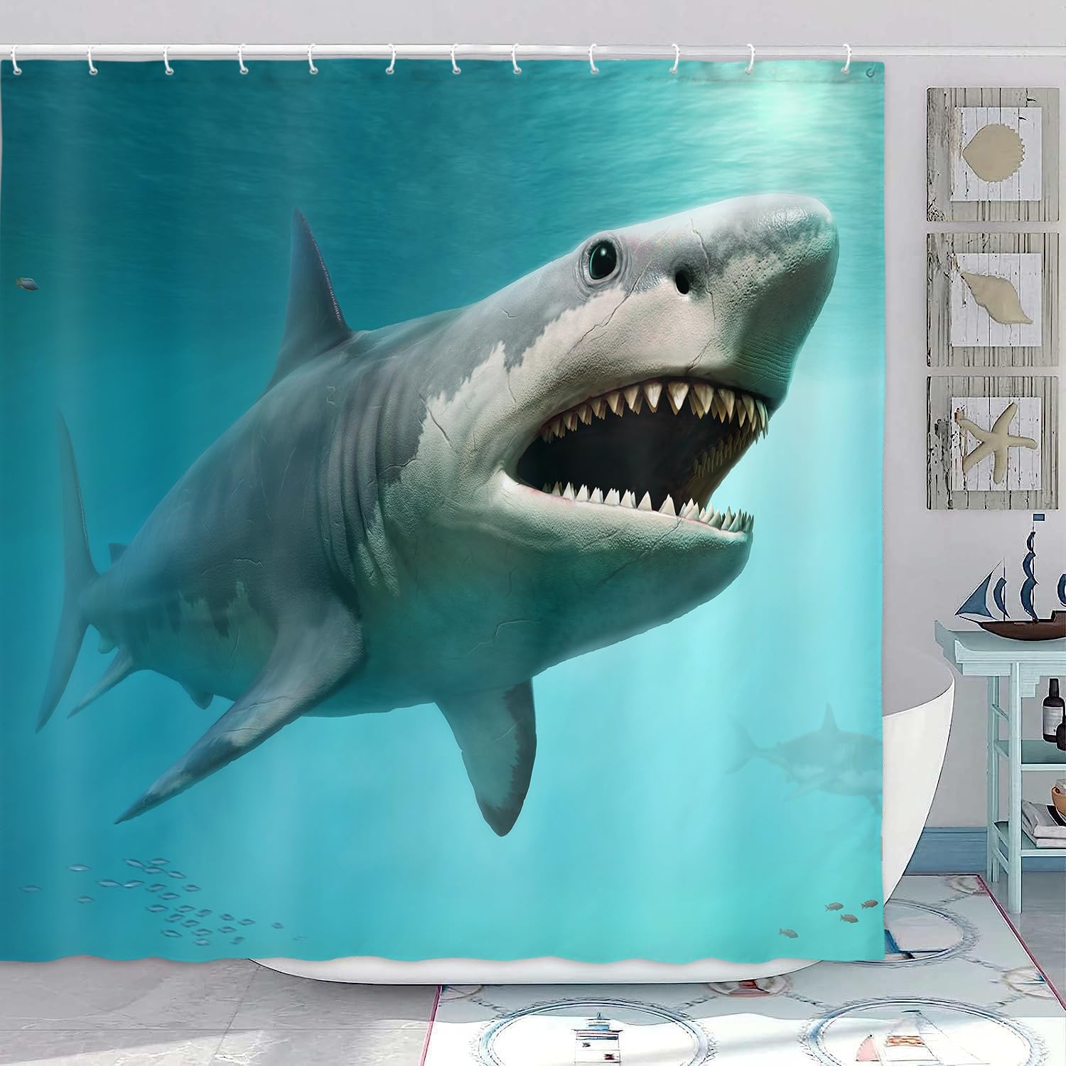 3D Shark Ocean Themed Shower Curtain - Underwater World Sea Animal Print Polyester Bathroom Decor with Hooks (69x70 Inches) - Perfect for Beach House, Kids' Bathroom & Ocean Lovers' Home Decor