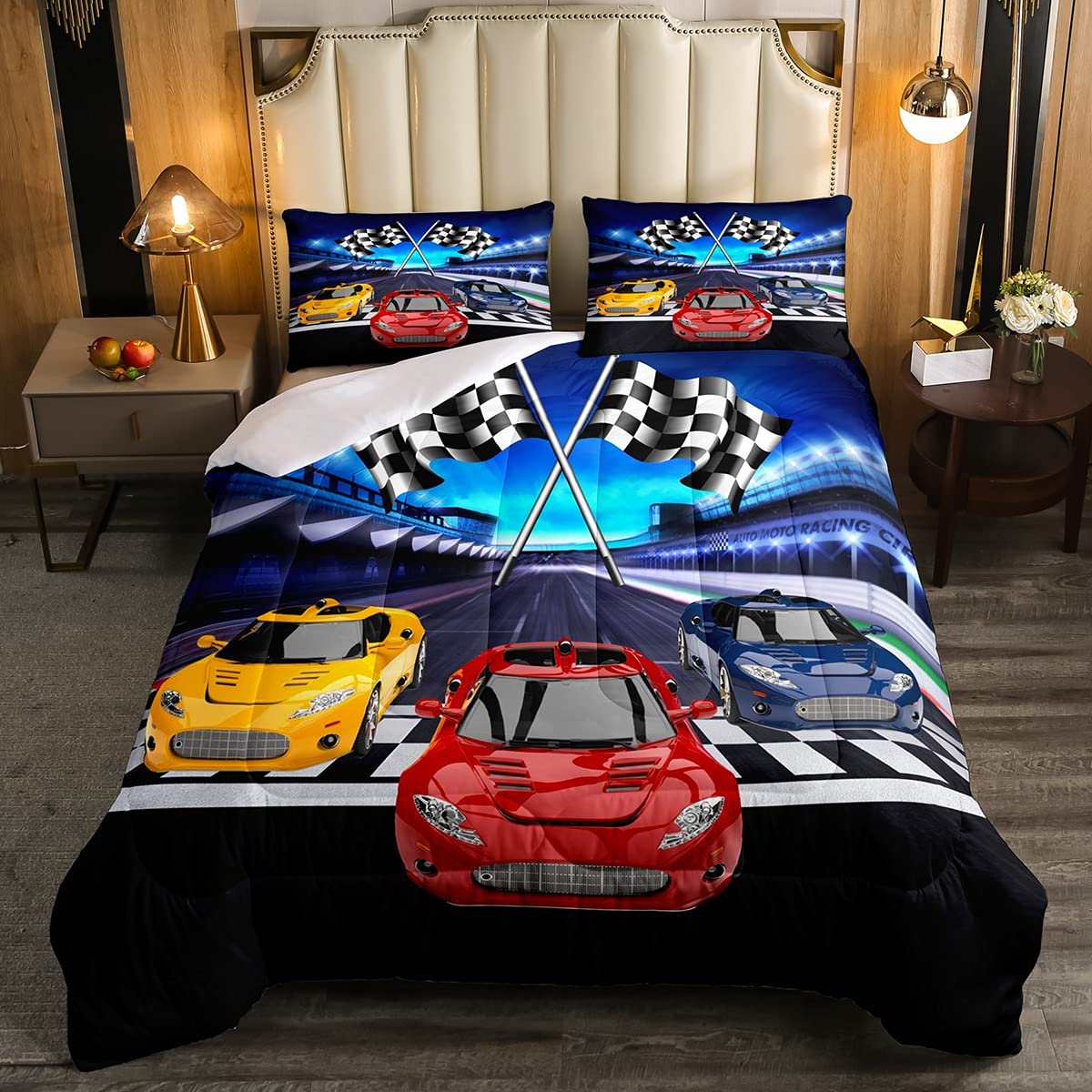 Feelyou Sports Car Bedding Set - Red, Yellow, Blue Racing Car Comforter with Pillowcase - Twin Size Championship Themed Duvet Cover for Kids & Teens - Perfect for Race Car Themed Bedrooms & Gift Ideas