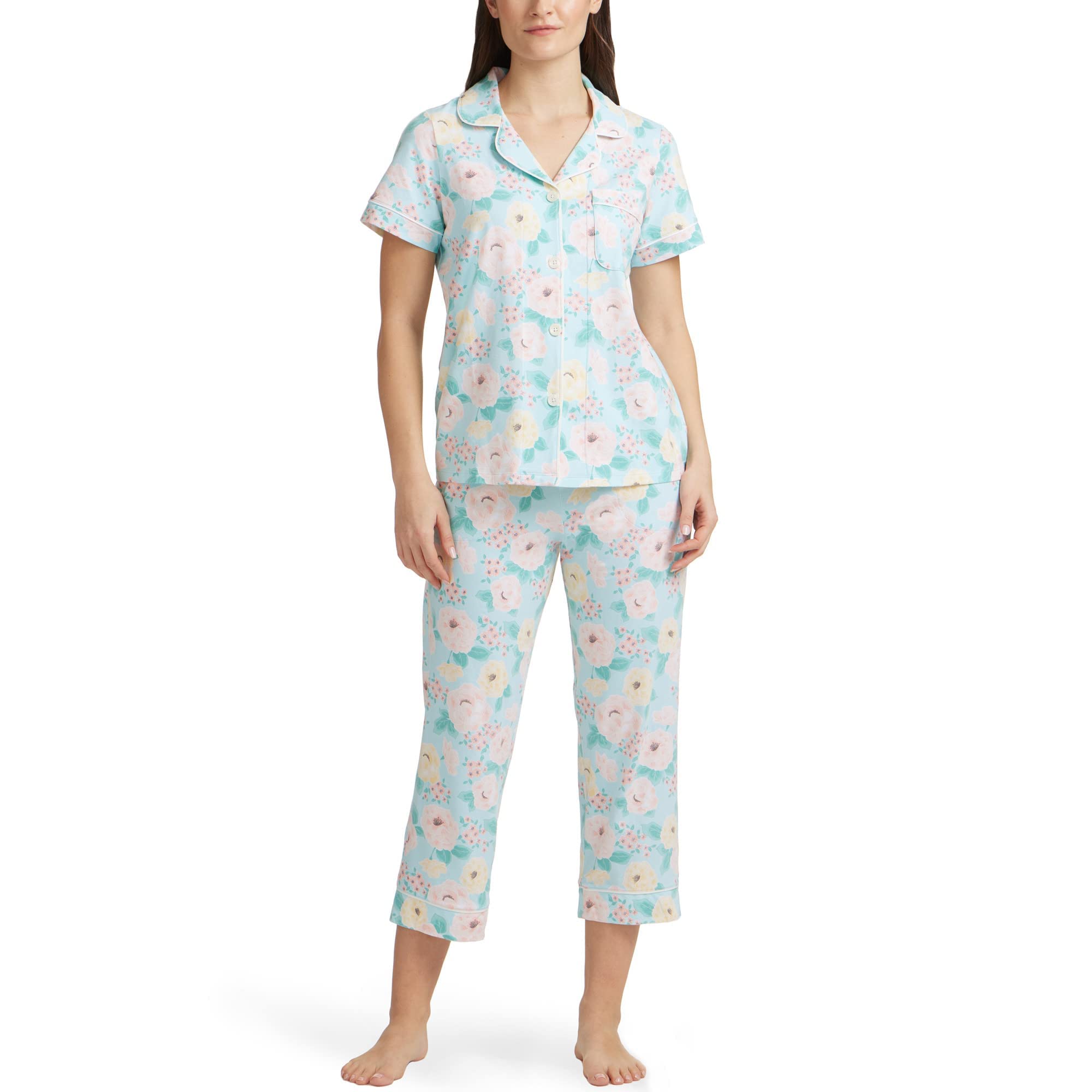 BedHead Pajamas Women's Short Sleeve Cropped Pajama Set - Athena's Garden Print - Size XS (US 2-4) - Soft Sleepwear for Lounge & Vacation