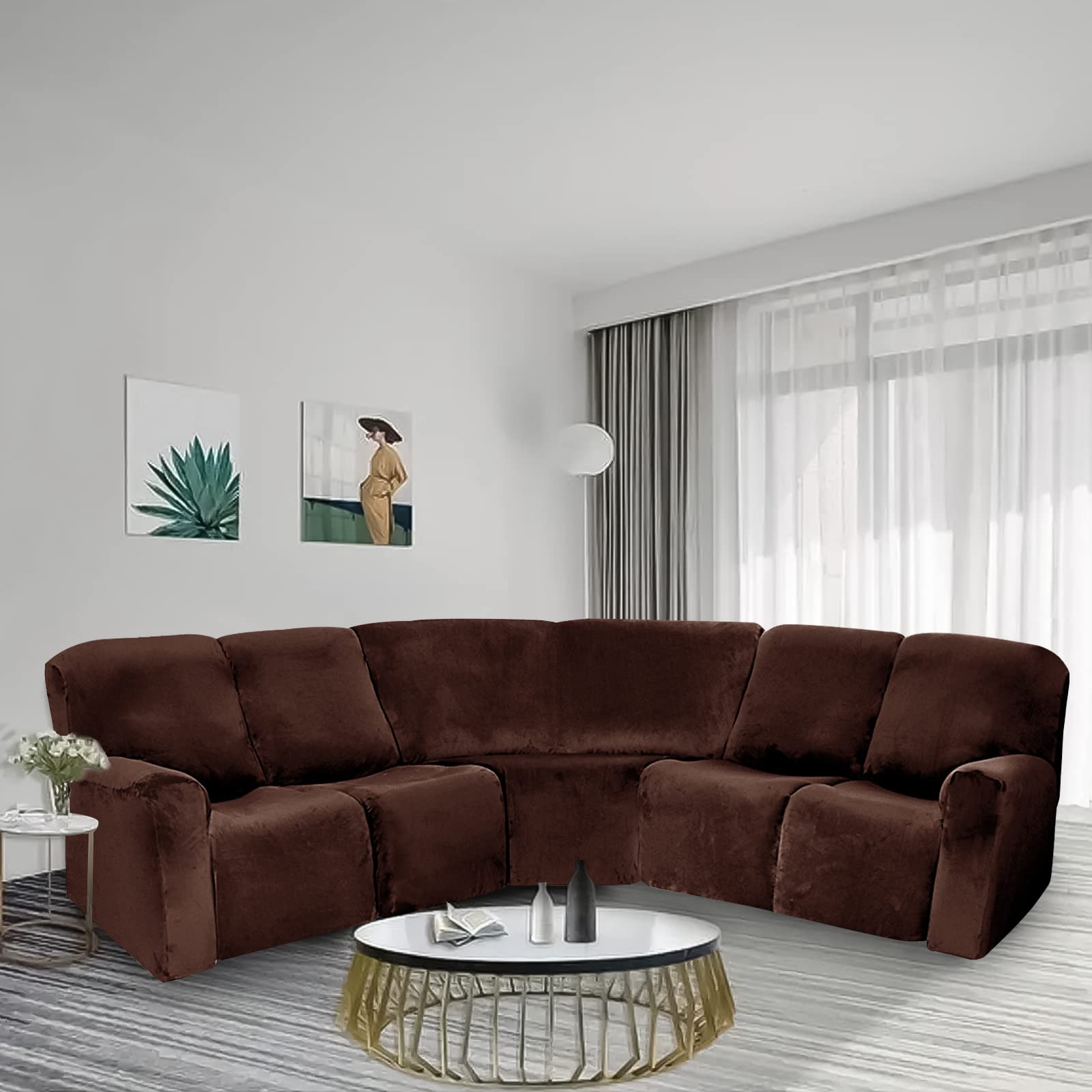 ELEOPTION 5-Seat L-Shaped Recliner Sofa Cover - Velvet Stretch Slipcover for Sectional Reclining Couches, 7-Piece Furniture Protector, Soft Washable Brown - Perfect for Living Room, Family Room & Home Theater Seating Protection