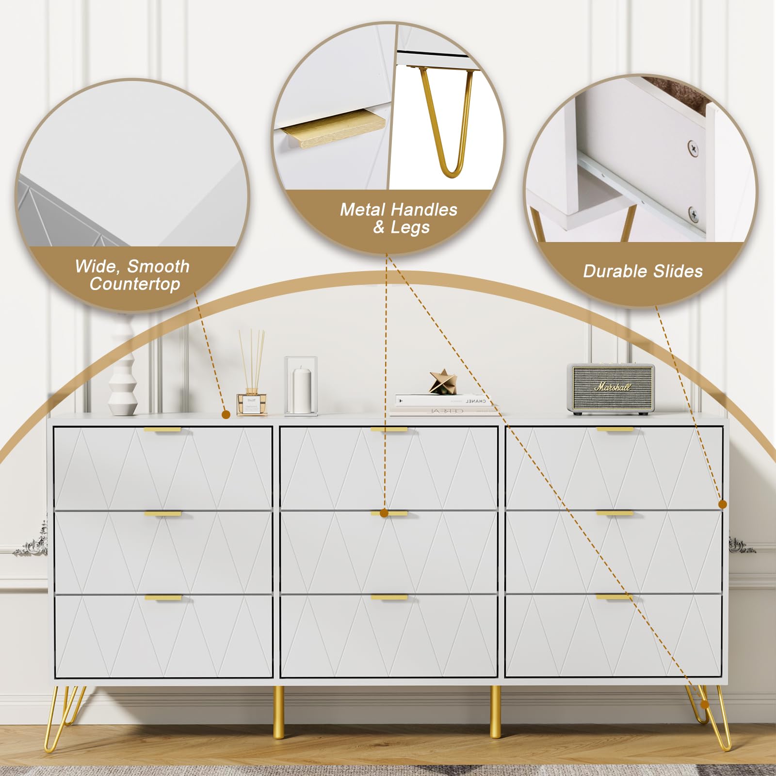Anbuy 3-Piece White Bedroom Set with 9-Drawer Dresser & 2 Nightstands - Modern Bedroom Furniture for Master Bedroom, Guest Room & Apartment Decor (White)