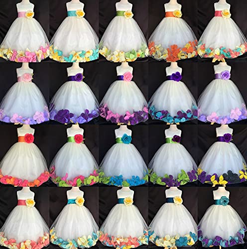 Ivory Mixed Rose Petal Satin Tulle Flower Girl Dress for Wedding & Pageant - Apple Green & Turquoise Petals (Size 16) | Perfect for Flower Girls, Bridesmaids & Special Occasions