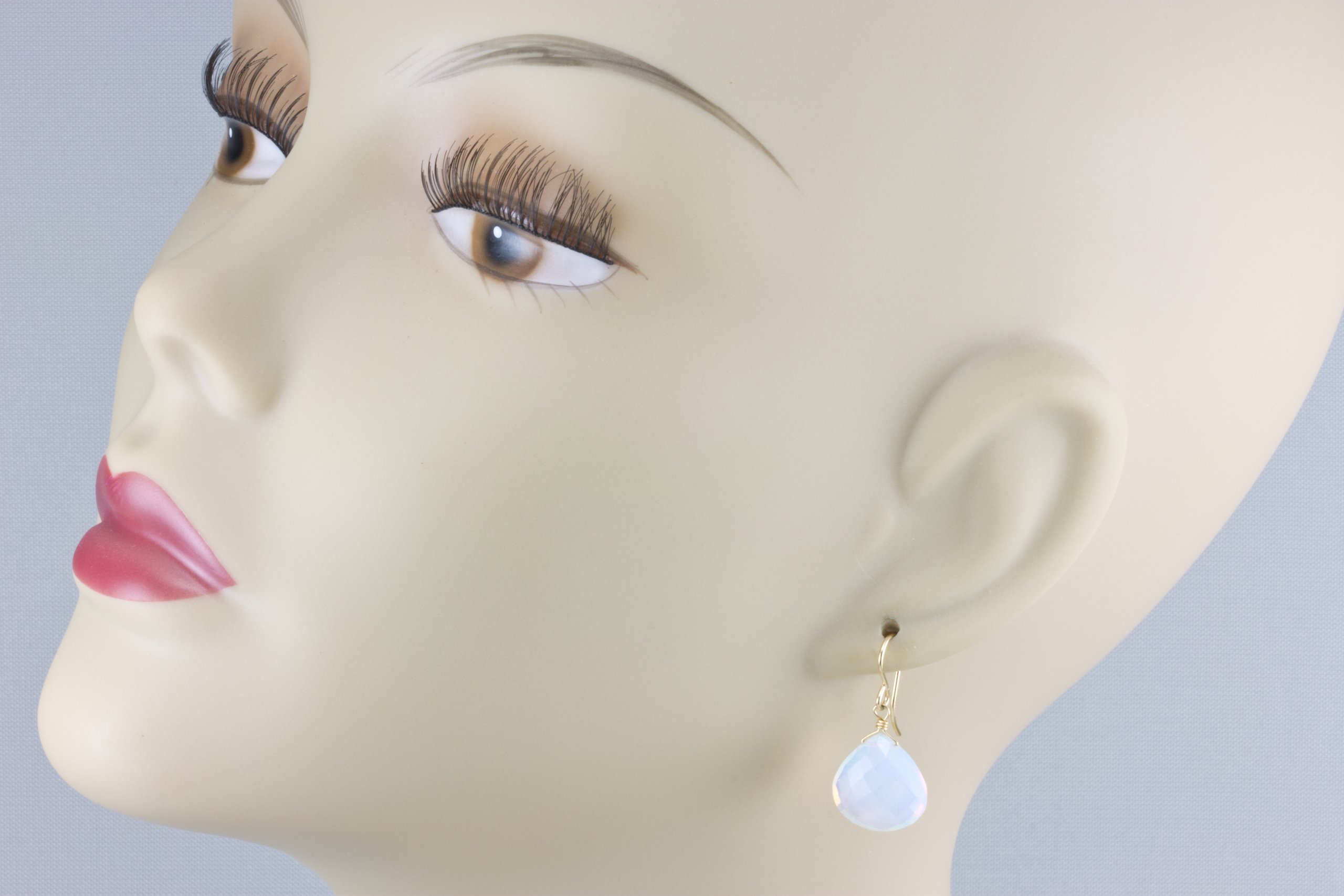 Opalite Simulated Opal Earrings - Faceted Heart Iridescent White Rainbow Colors - Simple Briolettes Dangle Earrings for Women - Perfect for Weddings, Parties & Everyday Wear