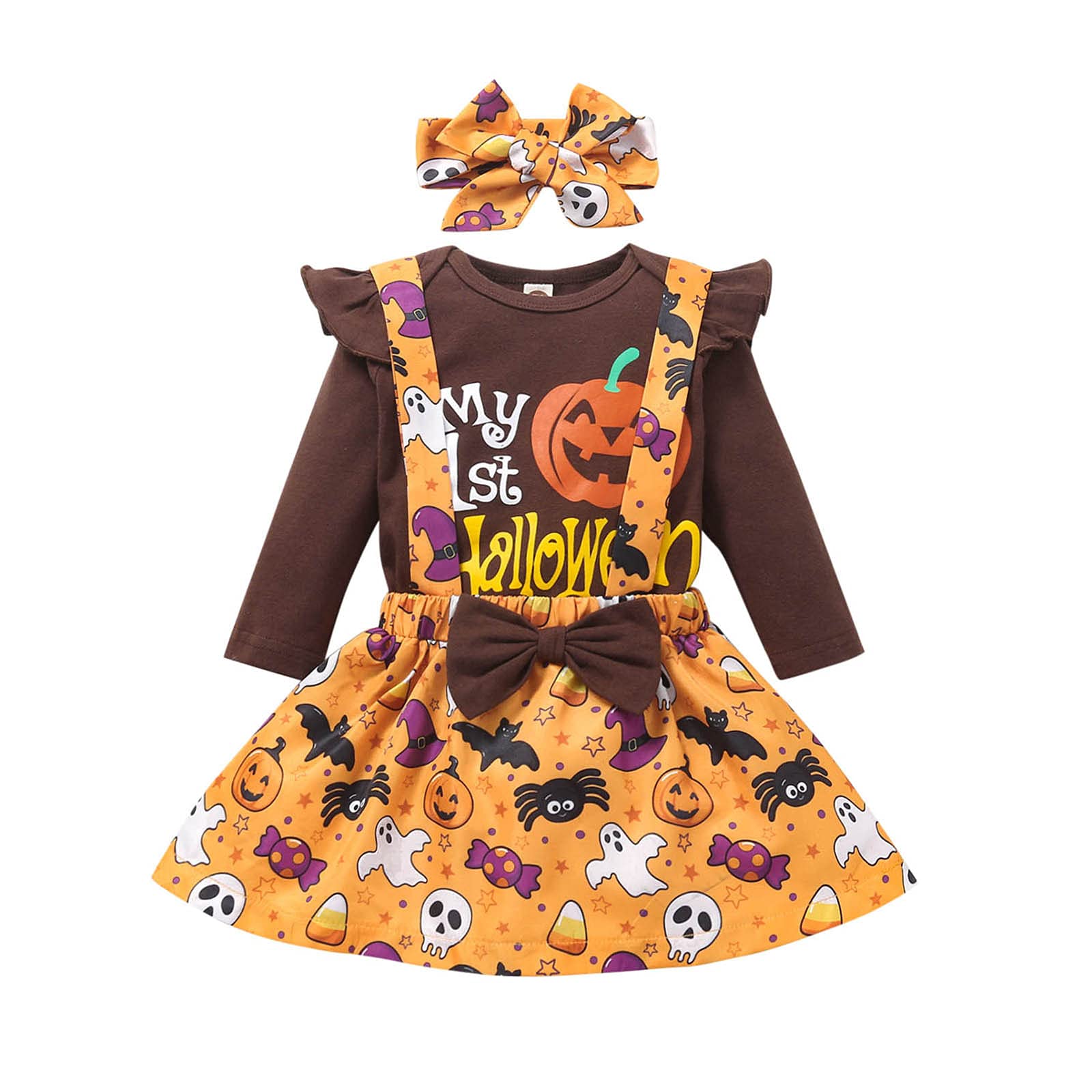 Adorable Infant Baby Girls Halloween Outfit Set - Long Sleeve Romper Bodysuit with Pumpkin Print, Suspender Skirt & Headband - Cute Winter Costume for Parties & Photo Shoots