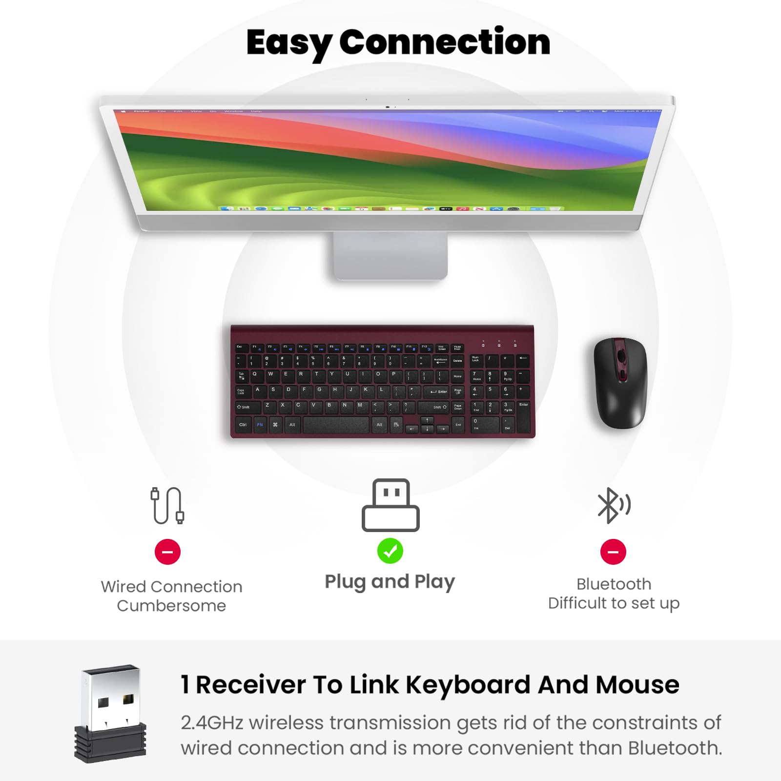 Cimetech EasyTyping KF10 Wireless Keyboard and Mouse Combo - Silent Scissor Switch Keys, Ergonomic Ultra Slim Design for PC/Laptop/Windows (Wine Red) - Perfect for Office Work, Home Use and Gaming