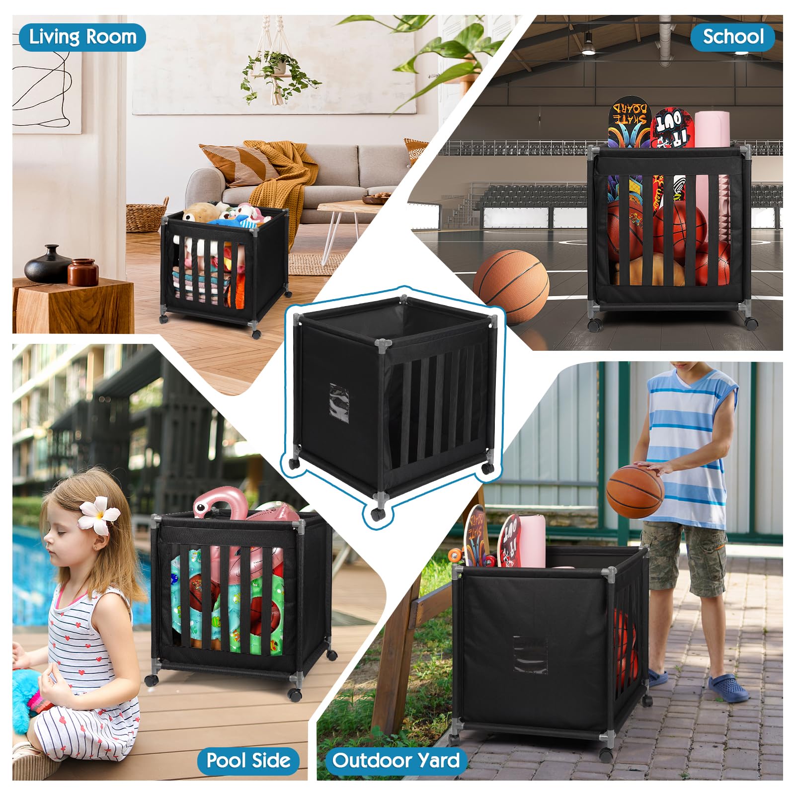 Lockable Rolling Sports Ball Storage Cart with Wheels - Portable Ball Organizer with Elastic Straps for Basketball, Soccer, Volleyball - Perfect for Garage, Gym, and Playroom Organization