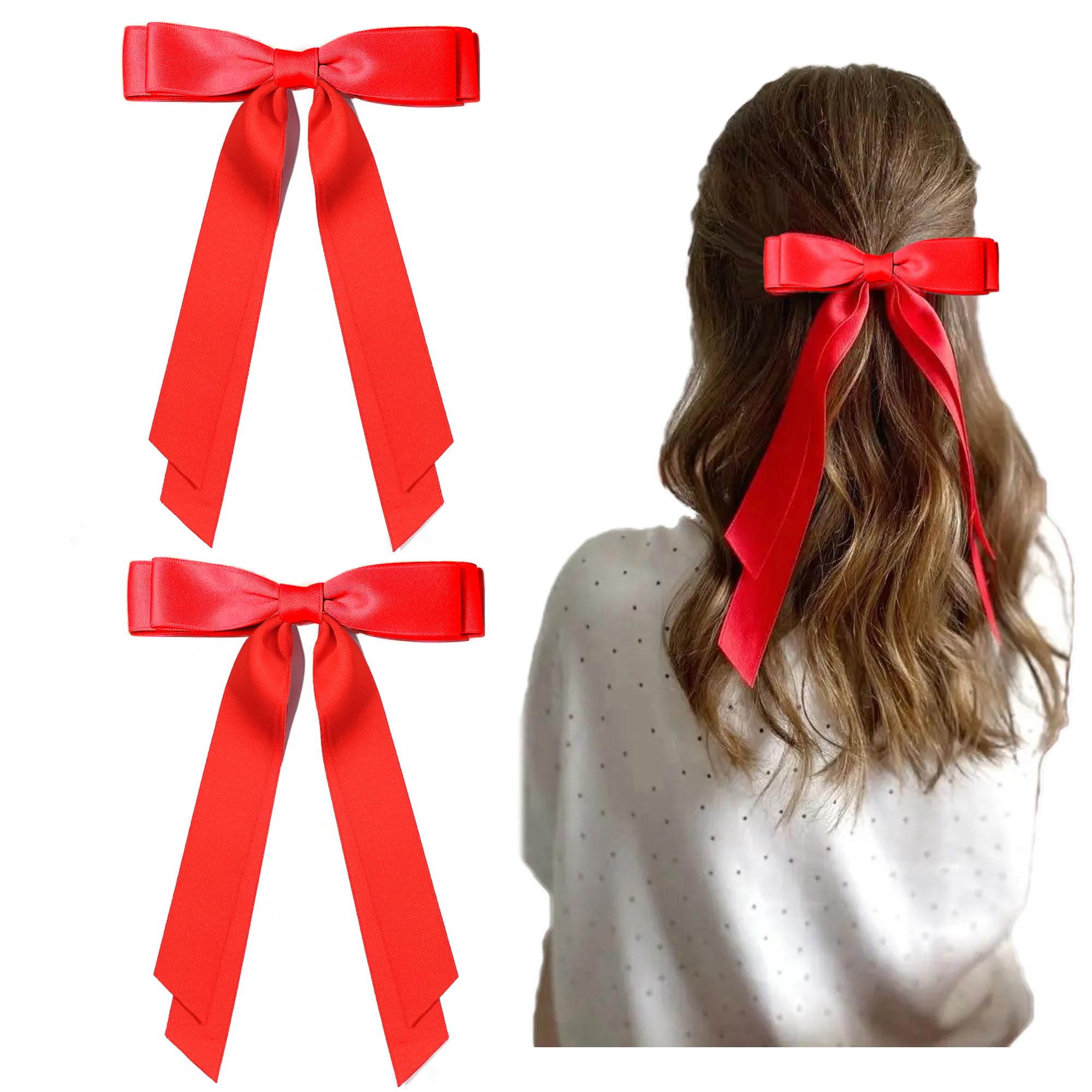 Red Satin Hair Bows for Women & Girls - 2pcs Christmas Hair Clips for Parties & Gifts