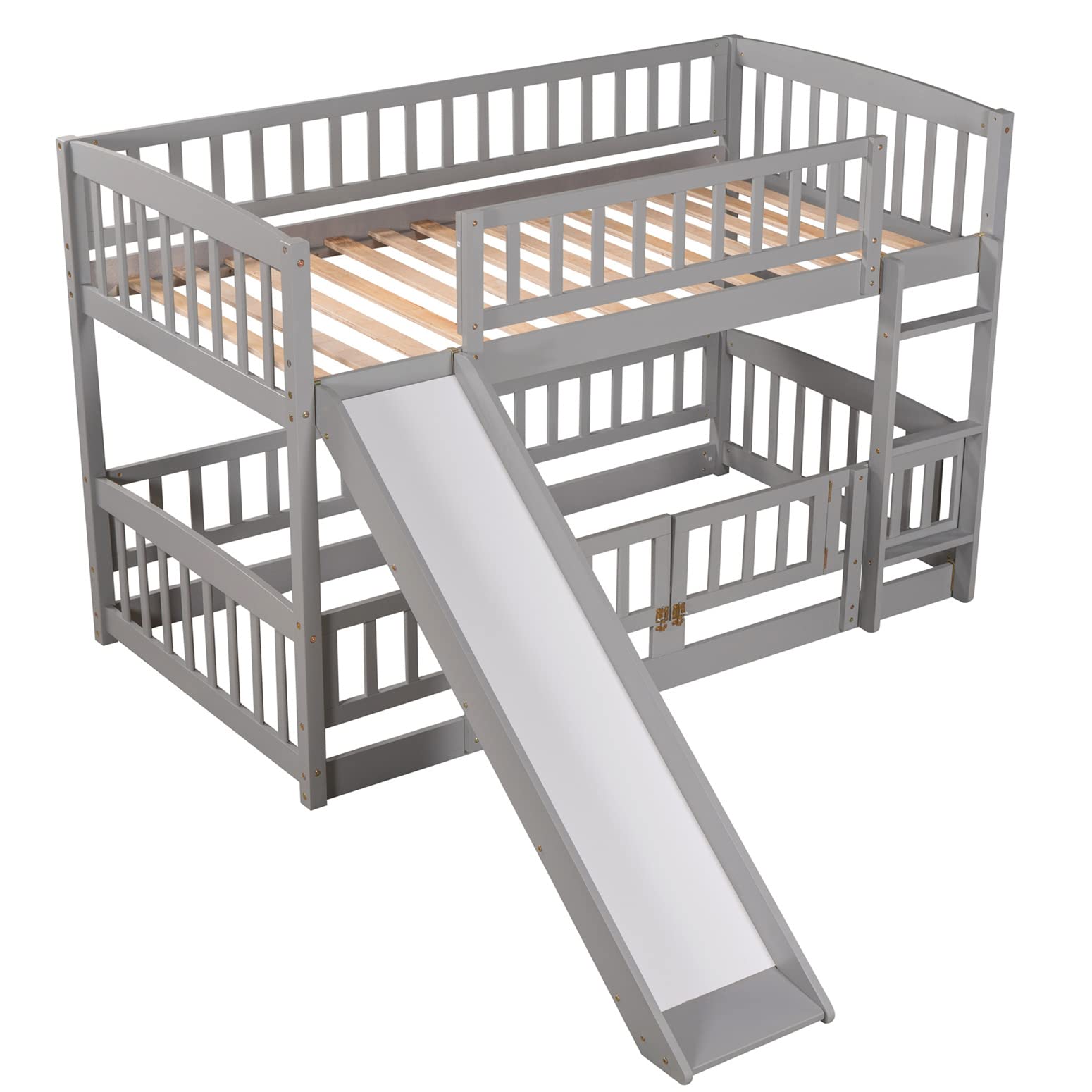 Harper & Bright Designs Twin Over Twin Low Bunk Bed with Slide - Wooden Floor Bunk Bed Frame with Safety Rails for Kids, Toddlers, Boys & Girls - Space Saving Kids Bedroom Furniture (Gray) - Perfect for Small Rooms, Shared Kids Bedrooms & Sleepovers