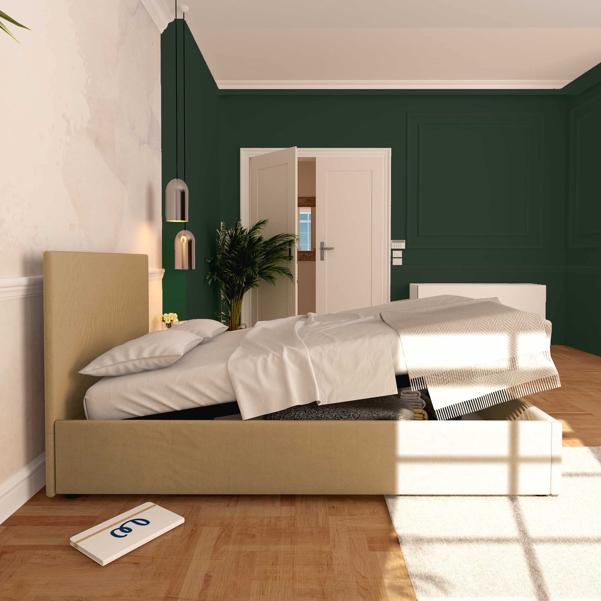 Baldiflex Twin Size Half Body Bed with Storage, Rossano Fabric Model, Slatted Base for Single Mattresses, 120x200cm, Elegant Camel Headboard - Perfect for Small Bedrooms, Guest Rooms & Studio Apartments