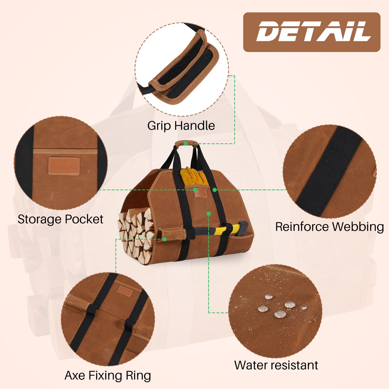 Heavy Duty Waxed Canvas Firewood Log Carrier Tote Bag with Handles - Fireplace Wood Stove Accessories for Camping, BBQ, Indoor & Outdoor Use - Perfect for Fireplace, Wood Stove, Camping Trips and Backyard Gatherings