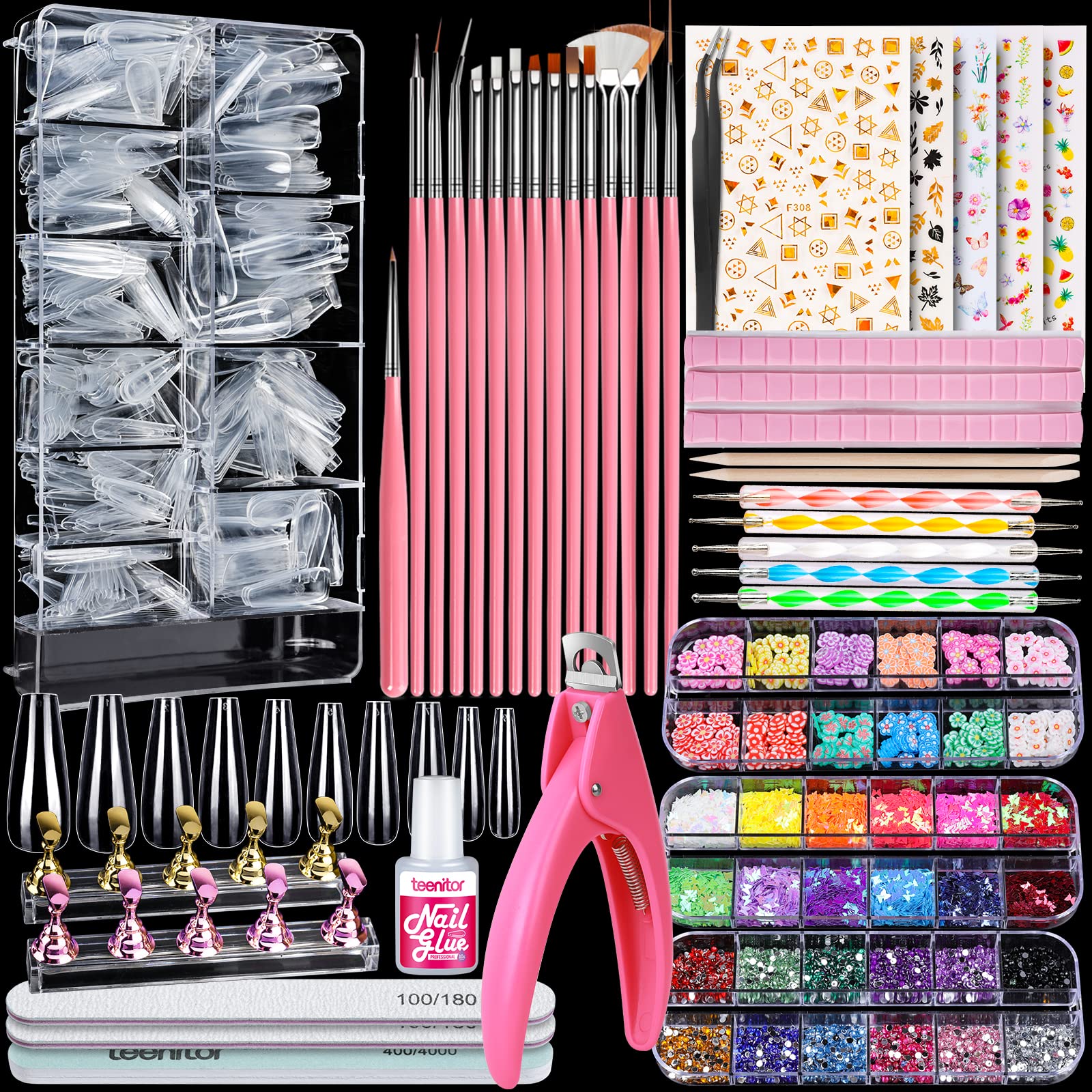 Teenitor Acrylic Fake Nails Kit - 24pcs Press On Nails with Nail Glue, Nail Tips, Nail Art Brushes, Rhinestones & Glitter for DIY Manicure | Perfect for Parties, Weddings, Salon & Home Use