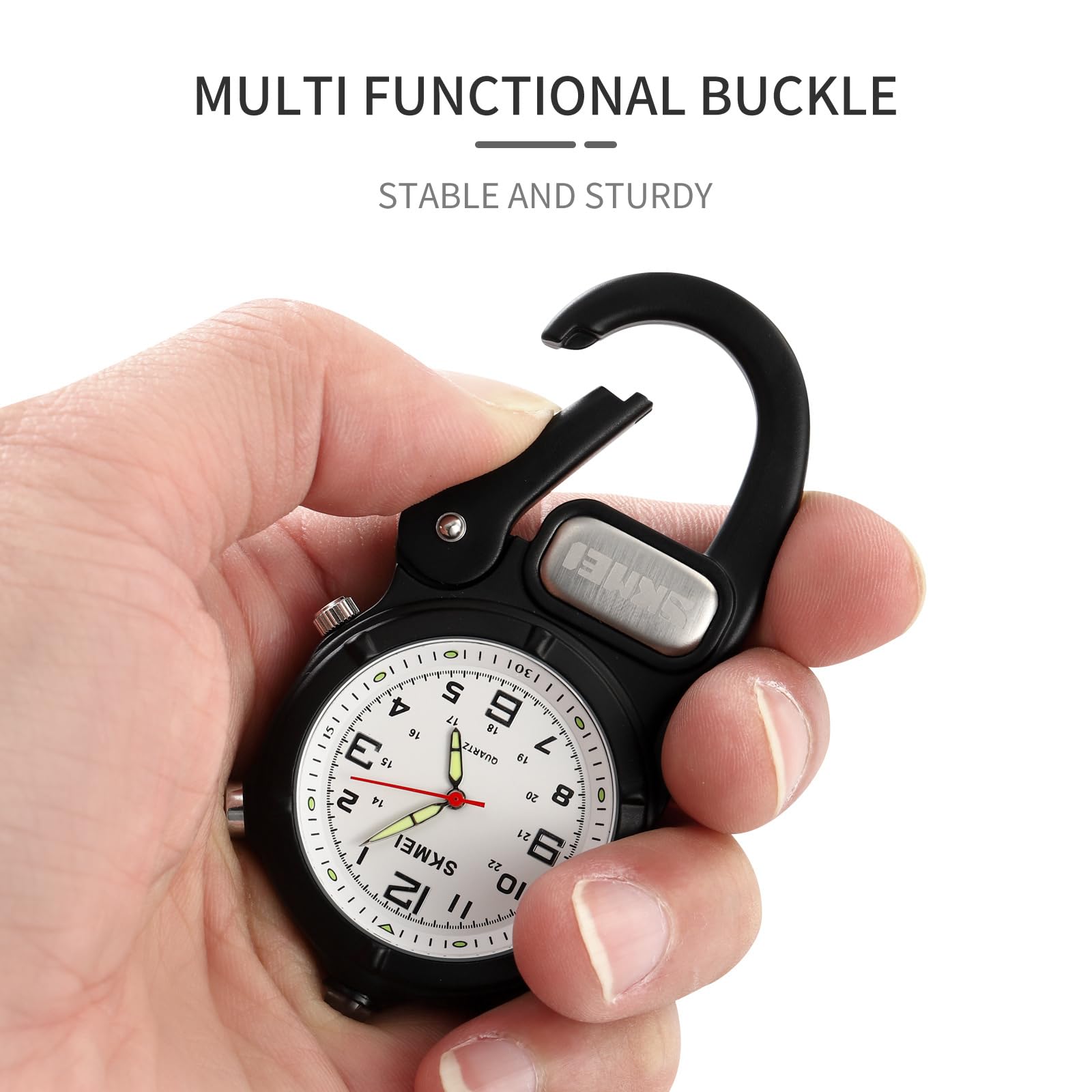Clip-On Carabiner Watch with Flashlight & Second Hand - Unisex Pocket Watch for Nursing, Backpack, Belt - Portable Outdoor Watch for Field Work, Climbing, Hiking & Sports Activities - Ideal for Camping, Travel & Emergency Situations