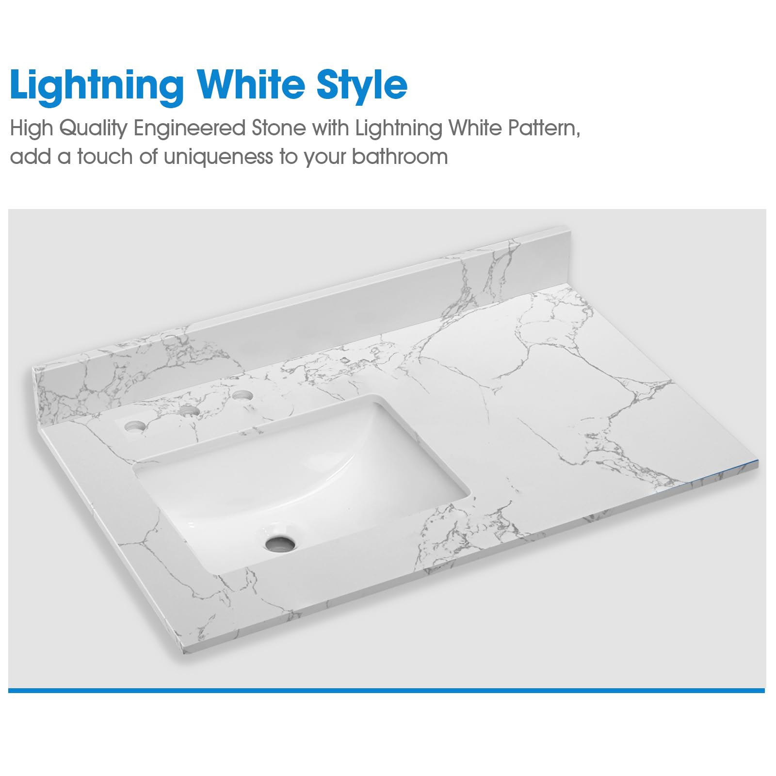 36 Inch Engineered Stone Bathroom Vanity Top with Undermount Left Side Rectangular Sink - 8 Inch Faucet Hole Spacing & Backsplash - Lightning White - Perfect for Modern Bathroom Renovations & Master Suite Upgrades