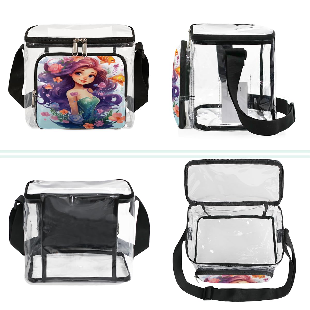 GzLeyigou Mermaid Print Clear Tote Bag with Handles - Transparent Crossbody Shoulder Bag for Women, Gold Fish Design Lunch Bag - Perfect for Beach, Travel, Picnic, Concerts, Sports Events & Stadium Approved (Multi-Color)